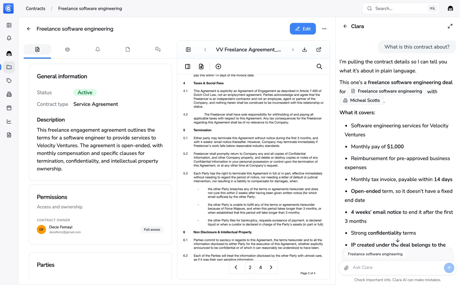 Clara AI sidebar opened from a contract page with contextual prompts ready to use