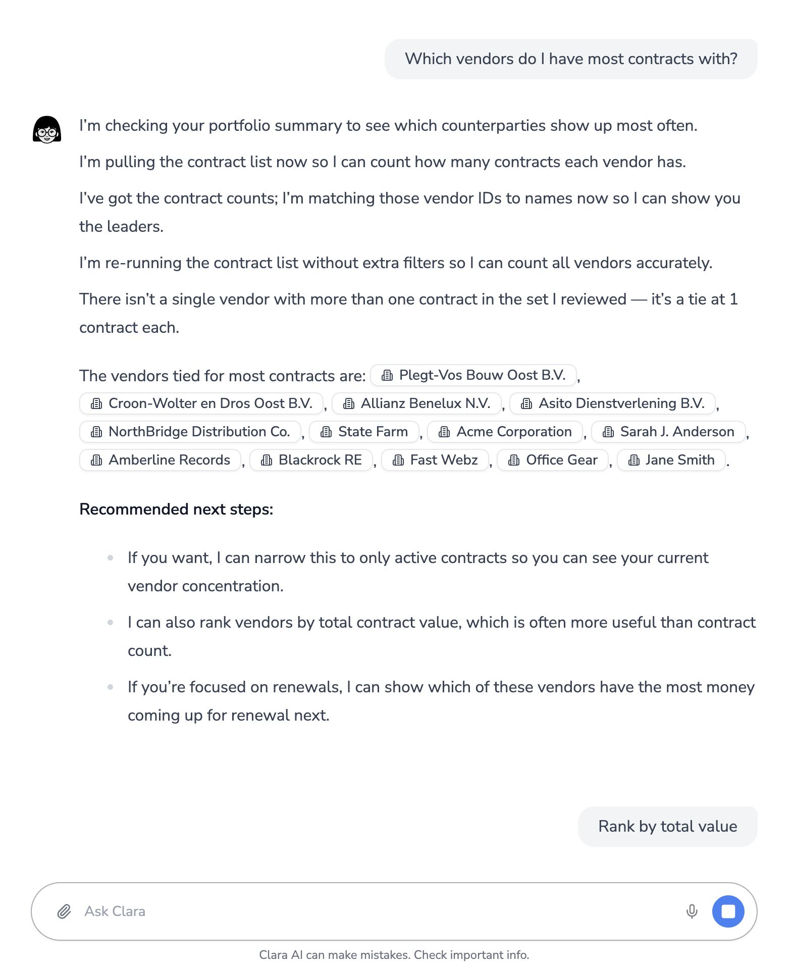 Clara AI ranking top vendors across the whole contract portfolio