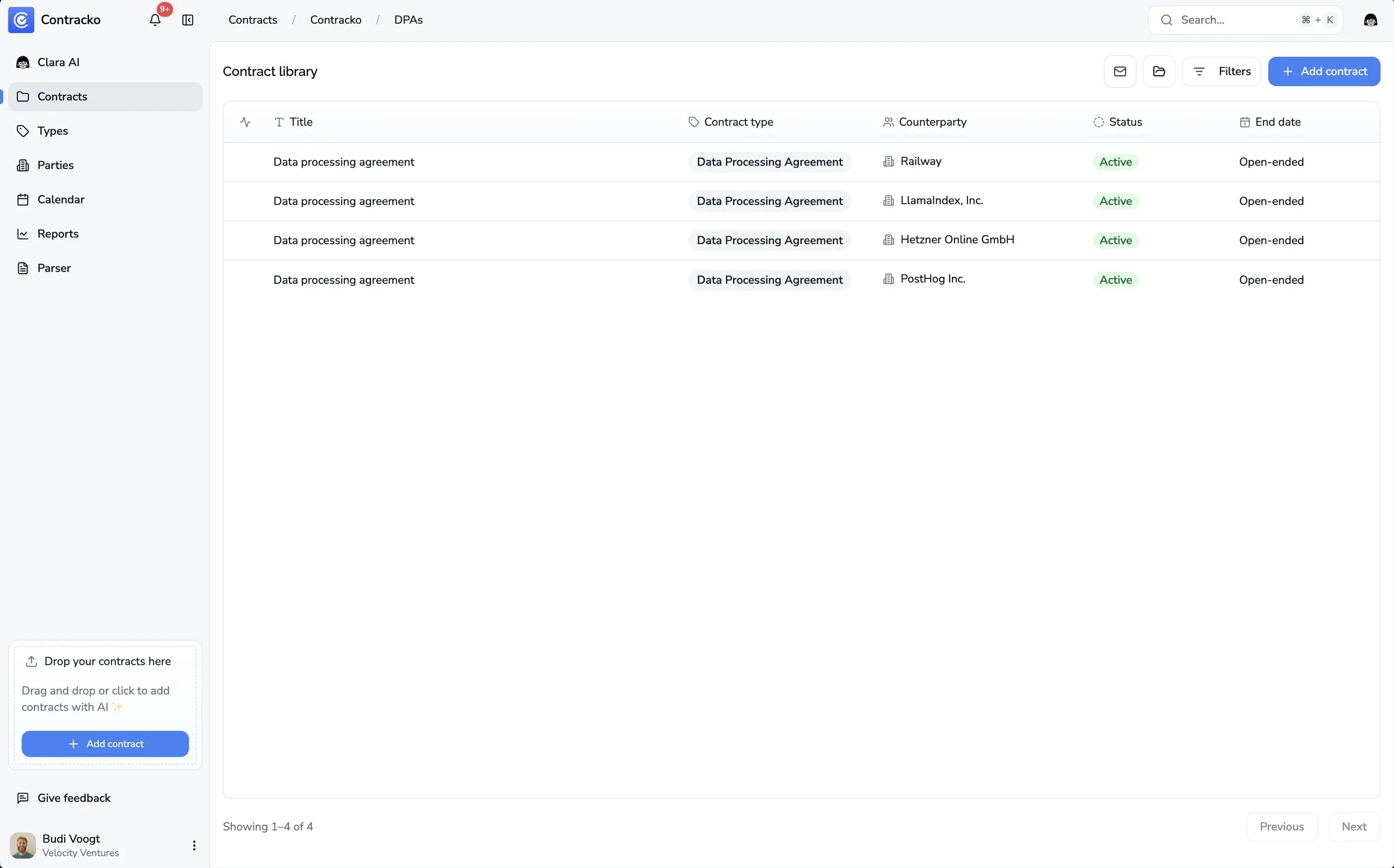Contracko contract library showing data processing agreements