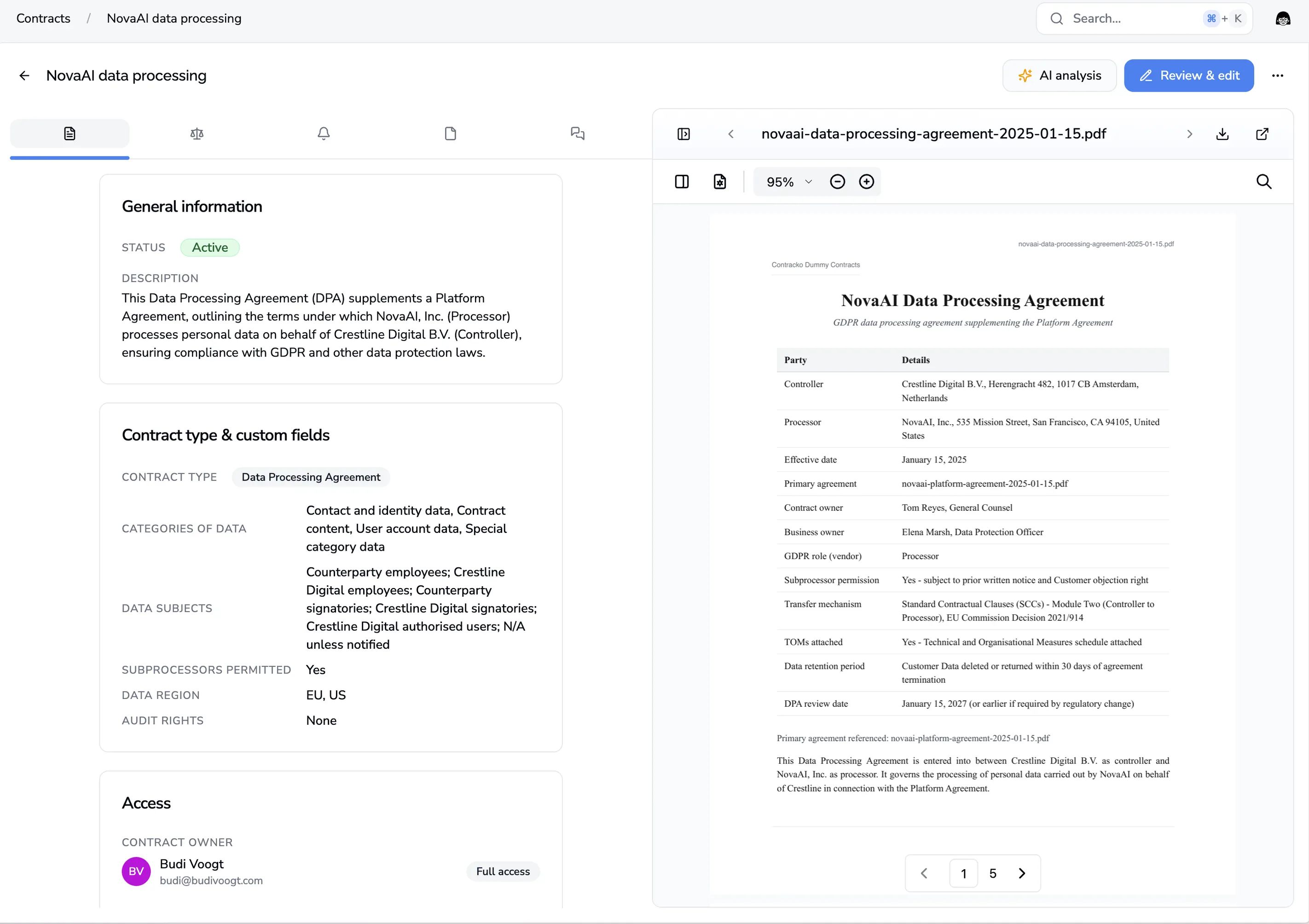 Data processing agreement with extracted GDPR fields and PDF preview
