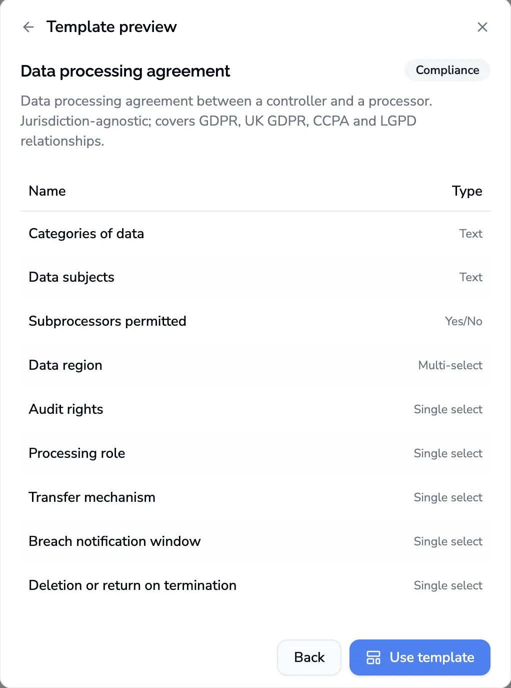 Built-in data processing agreement template with GDPR fields