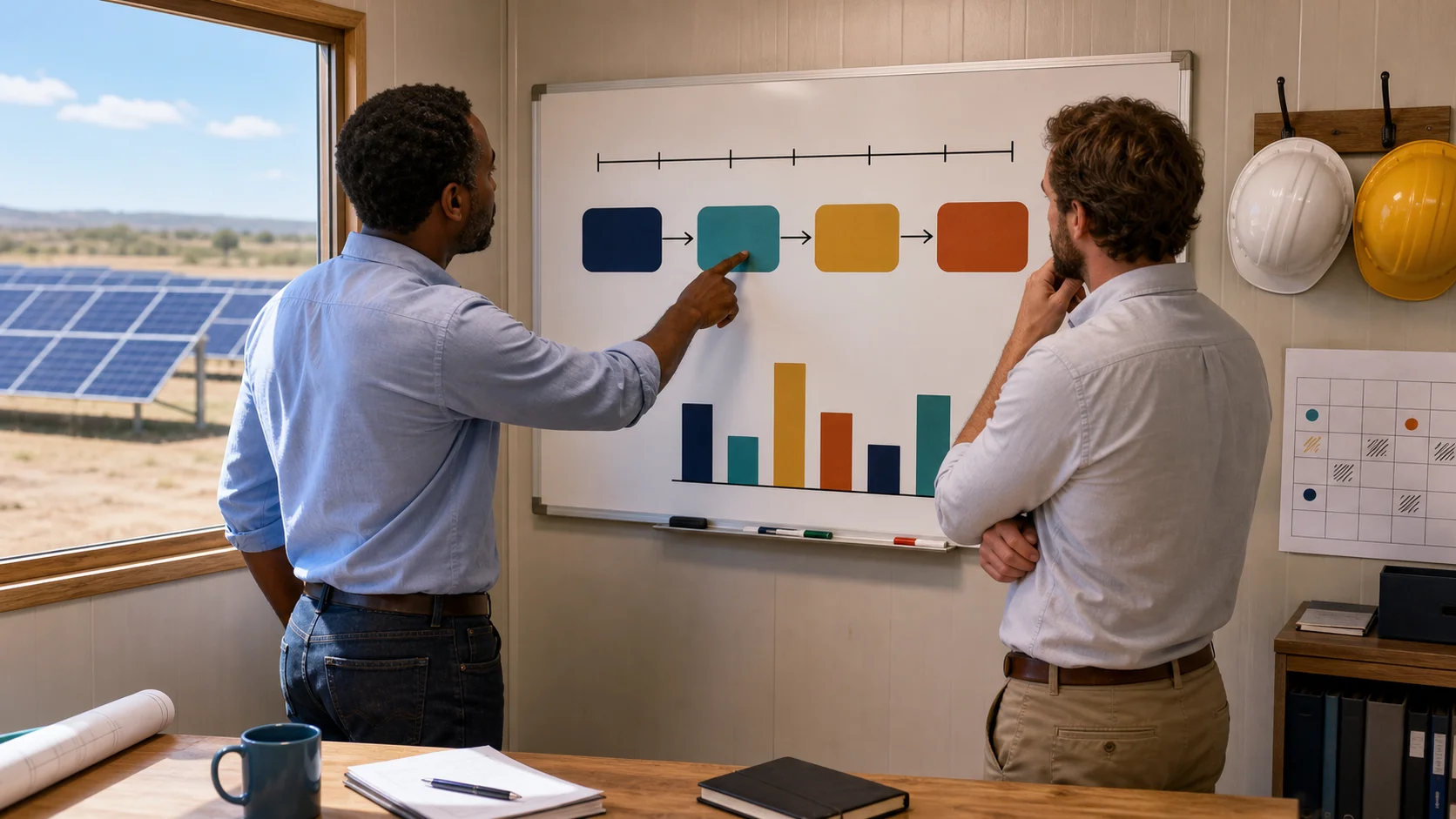 Developer and buyer reviewing a filled project timeline on a whiteboard in a site office overlooking solar panels