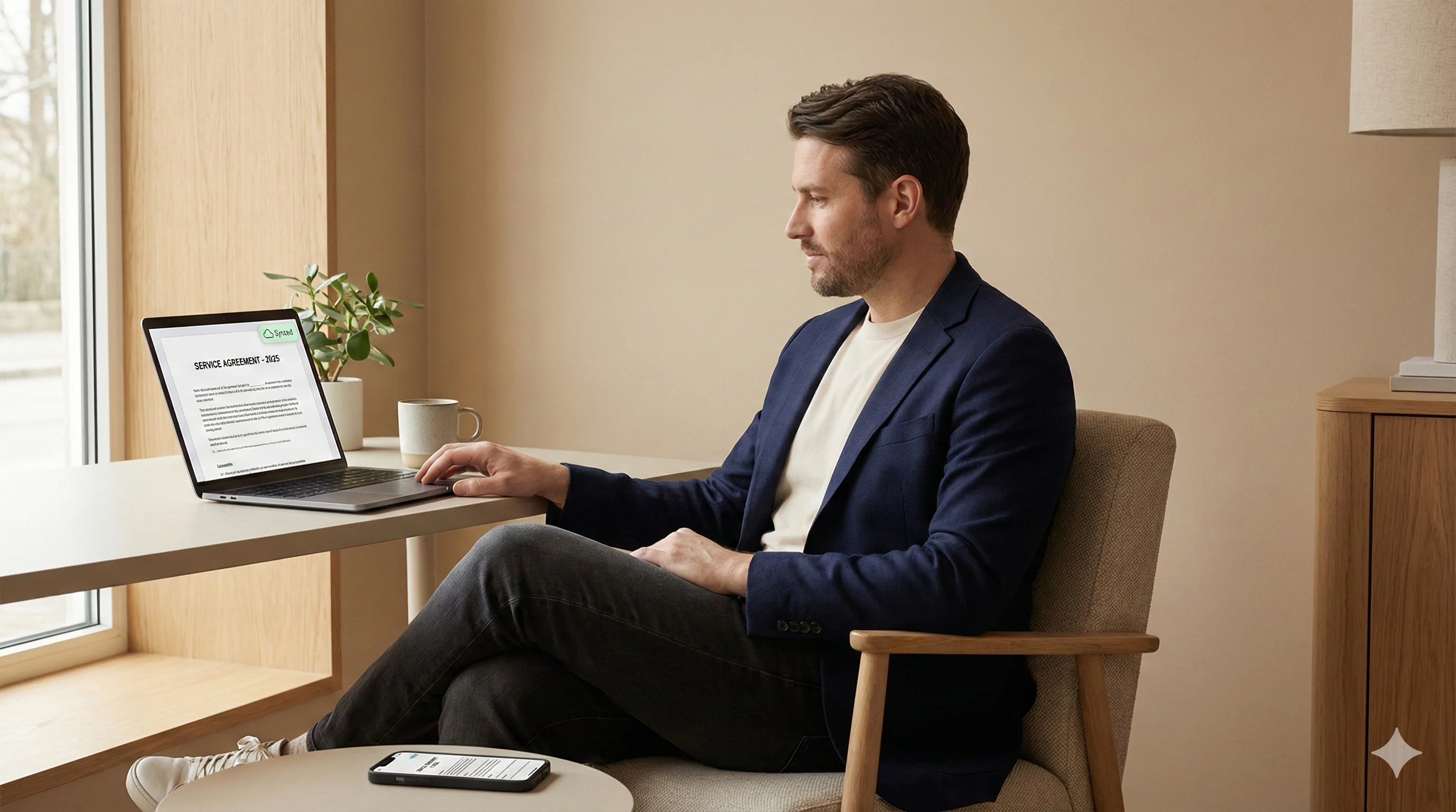 Professional reviewing contracts on laptop with cloud sync notification visible