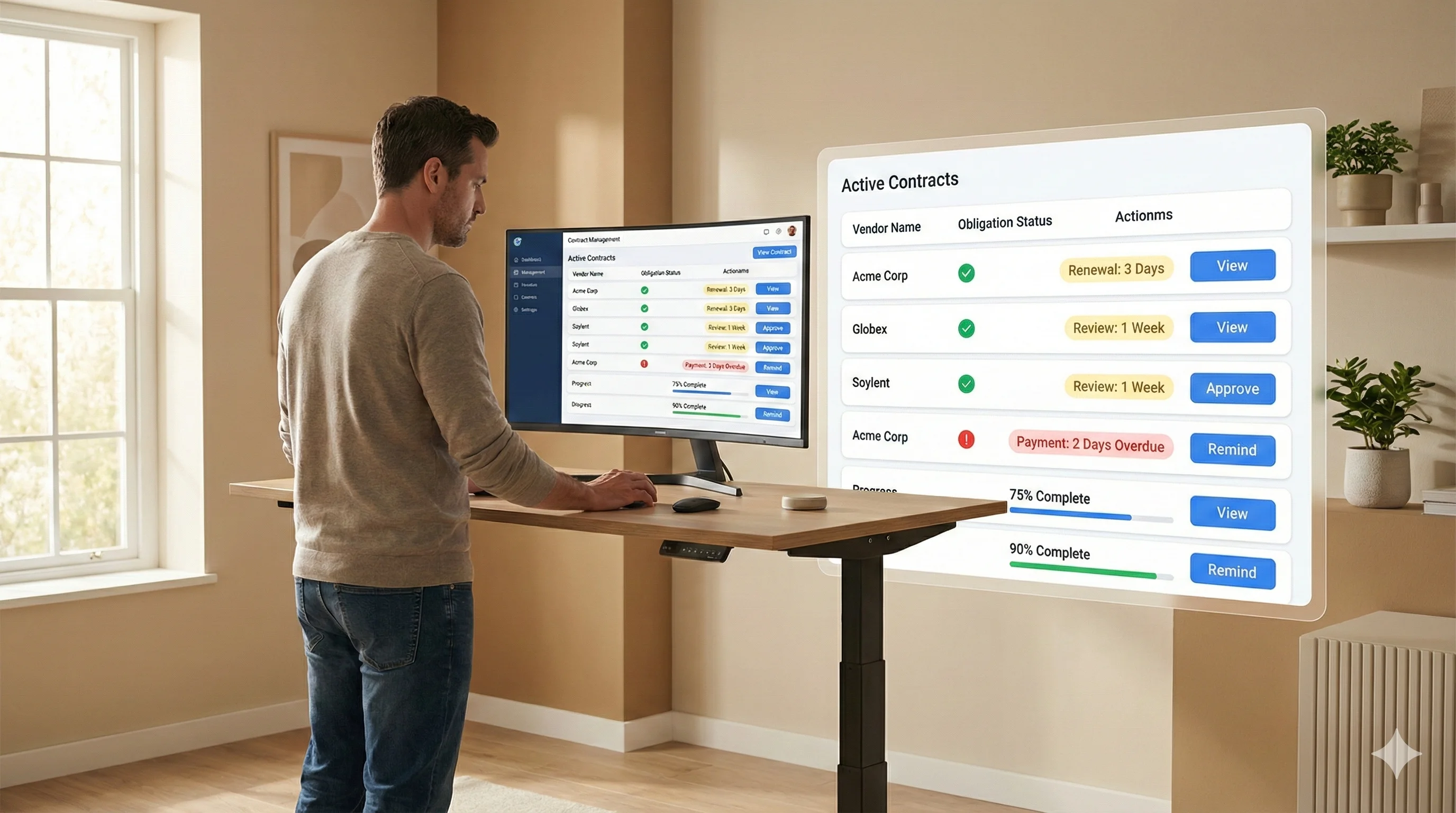 Eigenaar van een klein bedrijf die een dashboard voor contractverplichtingen beoordeelt met status van deliverables, deadlines en voortgang van afronding