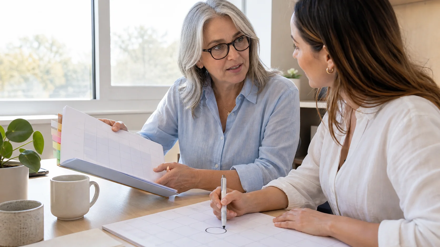 An operations manager showing a tabbed insurance policy to a colleague who is ringing a renewal date on a wall planner in bright daylight.