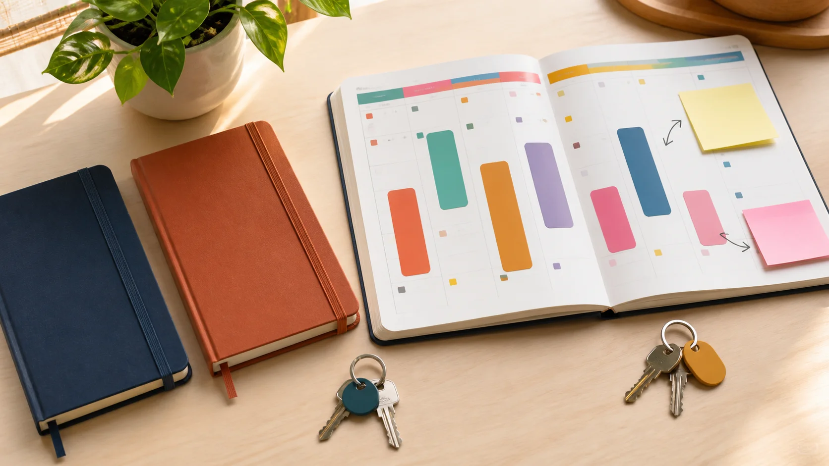 Two closed notebooks, two sets of keys, and a color-marked shared planner on a sunlit desk