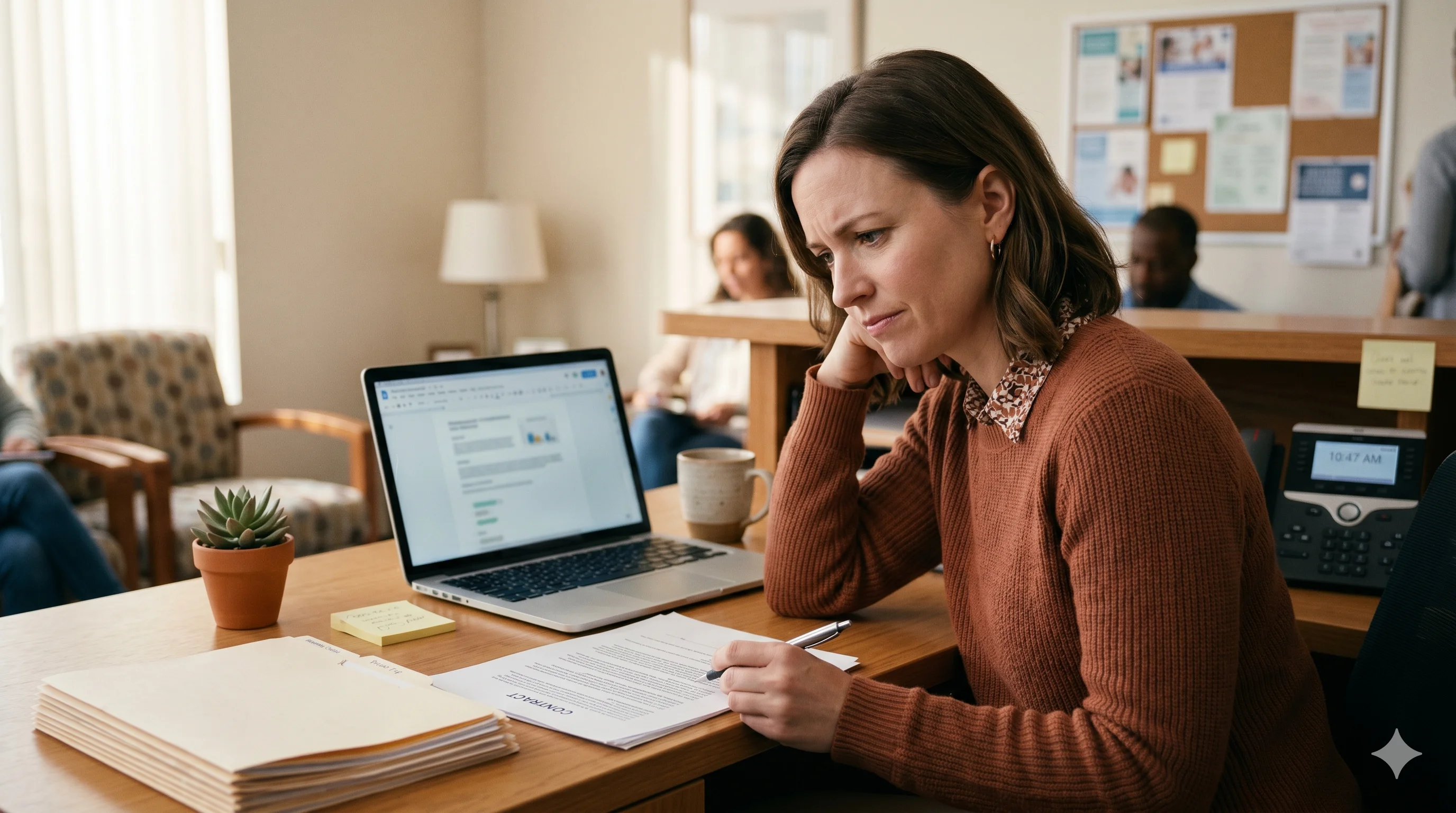 Un amministratore di studio alla reception di un piccolo ambulatorio medico che esamina un contratto su un laptop, con cartelle di pazienti e un calendario visibili sullo sfondo. Luce naturale soffusa, toni caldi, tarda mattinata prima dell'arrivo dei pazienti.
