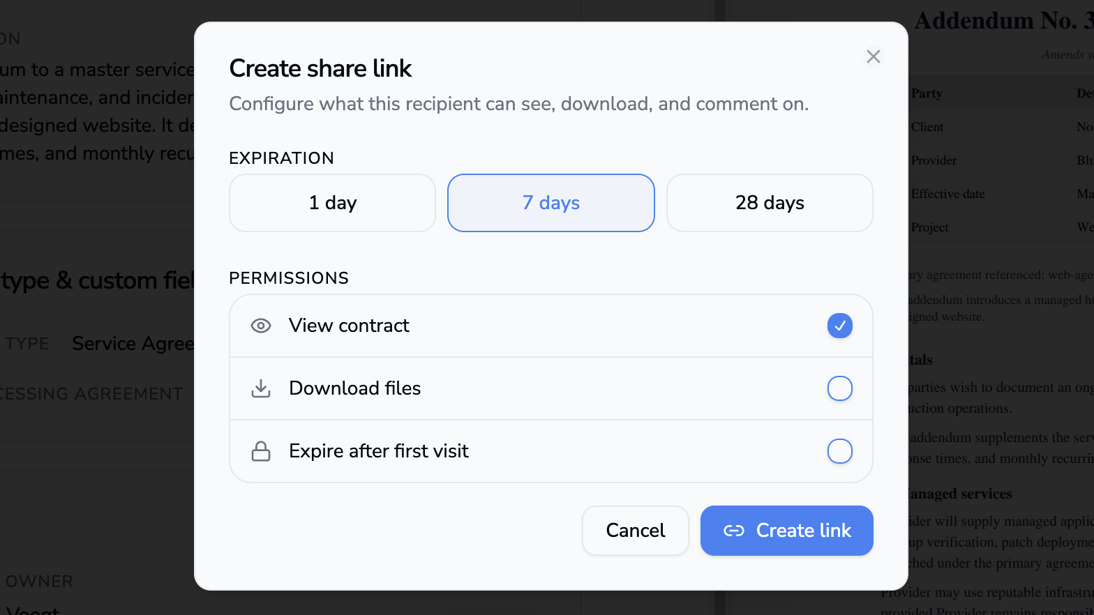 Share externally dialog with expiration, access, and one-time access options