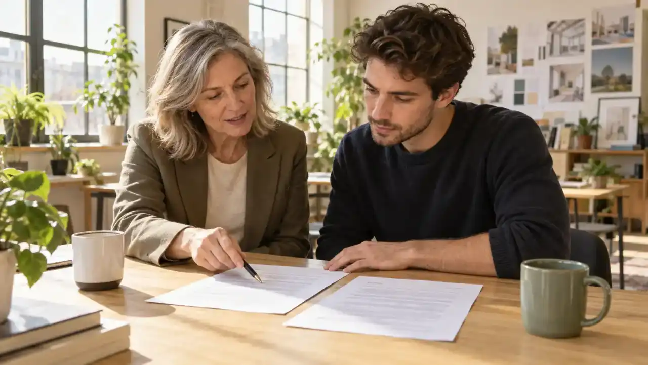 Een afdelingsmanager en een nieuwe verkoopmedewerker lezen samen de pagina met het concurrentiebeding aan een zonnige tafel in een klein kantoor.