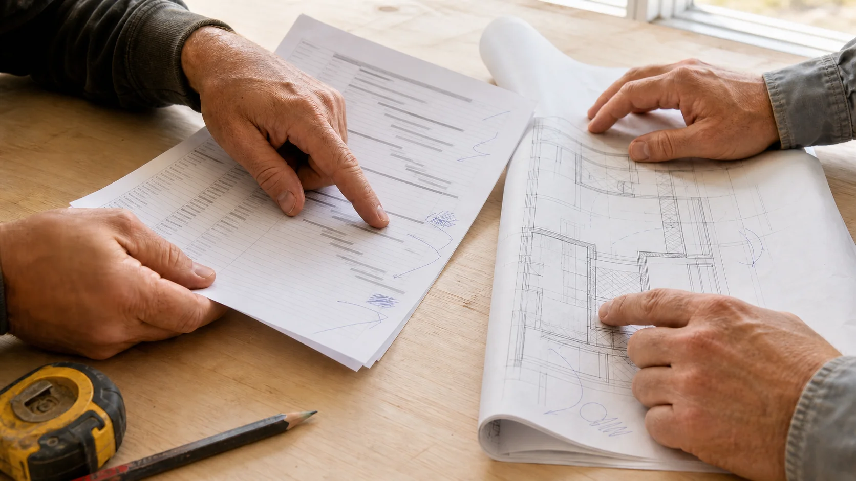 Two pairs of hands over a site office table, one holding an amended schedule and one resting on an unrolled drawing in bright daylight.