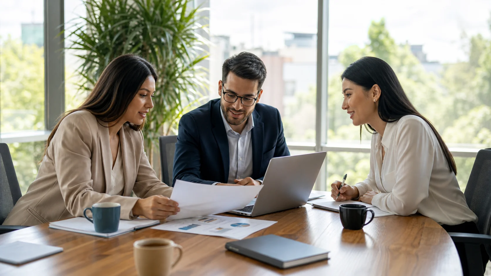 A professional team collaborates around a conference table, reviewing documents on laptops and tablets to ensure electronic signature compliance.