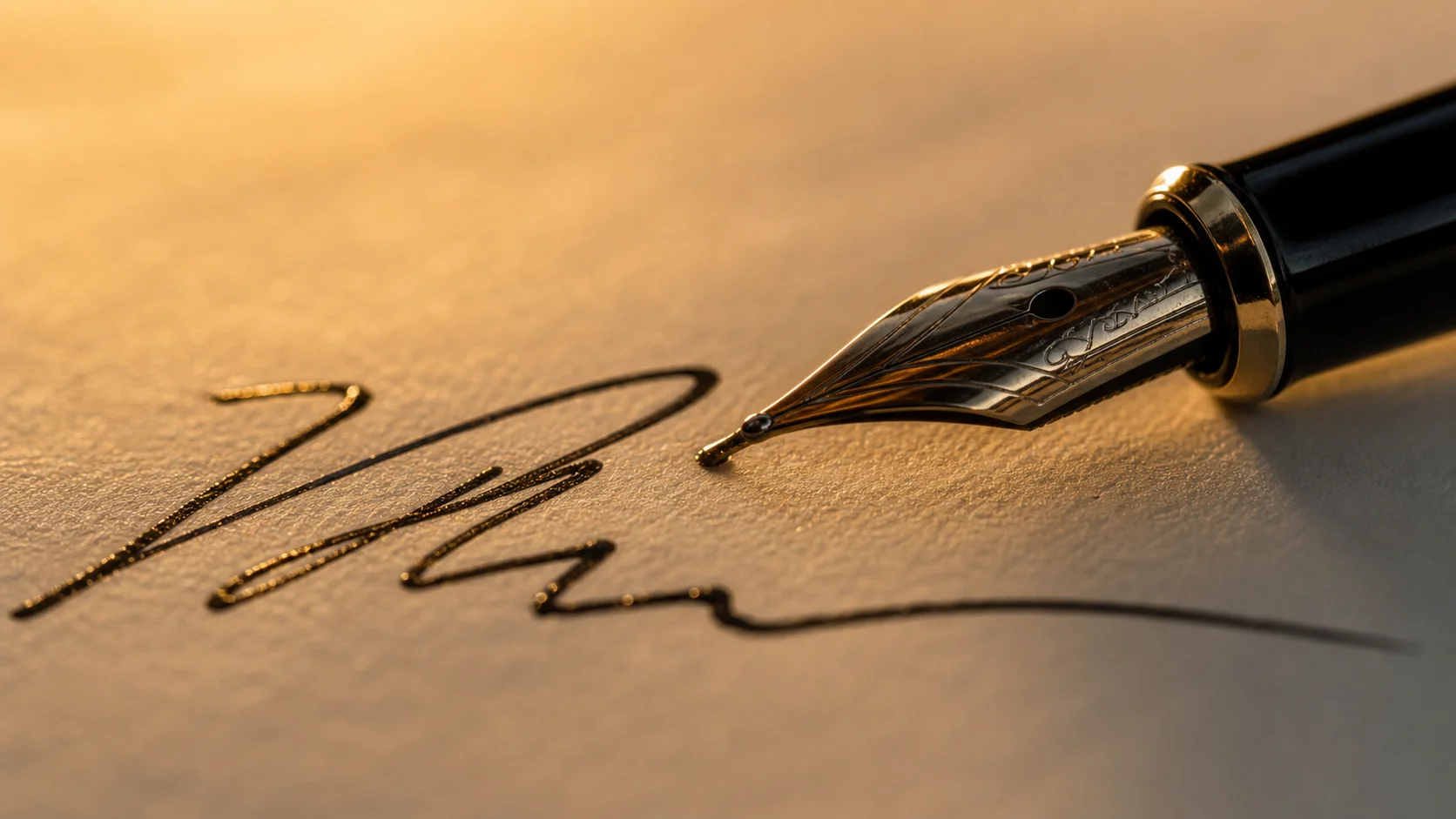 Primo piano di una penna stilografica appoggiata su una pagina di contratto appena firmata, con l'inchiostro ancora lucido sotto la calda luce di una lampada da scrivania.