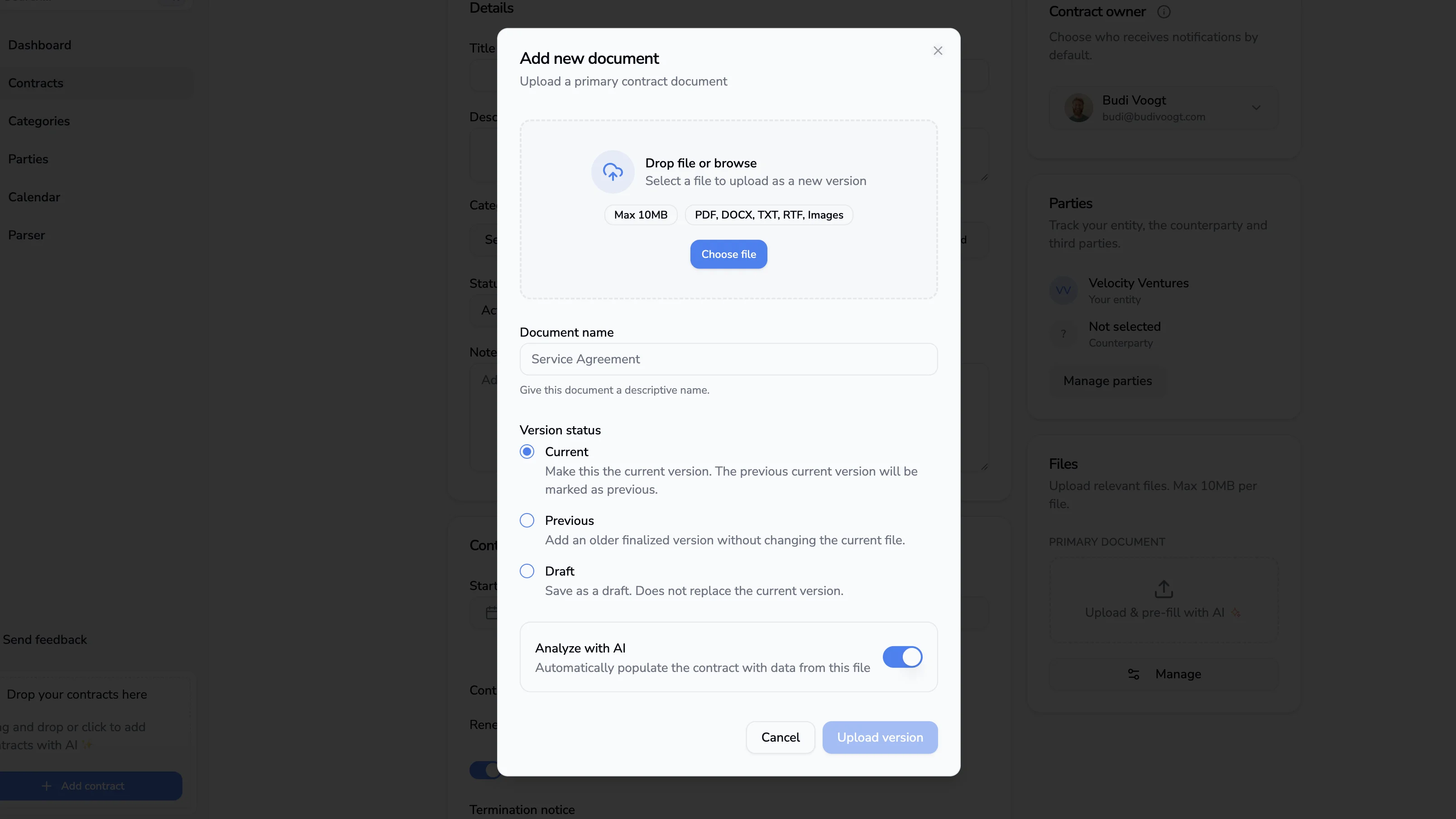 Version type selector dialog when adding a contract