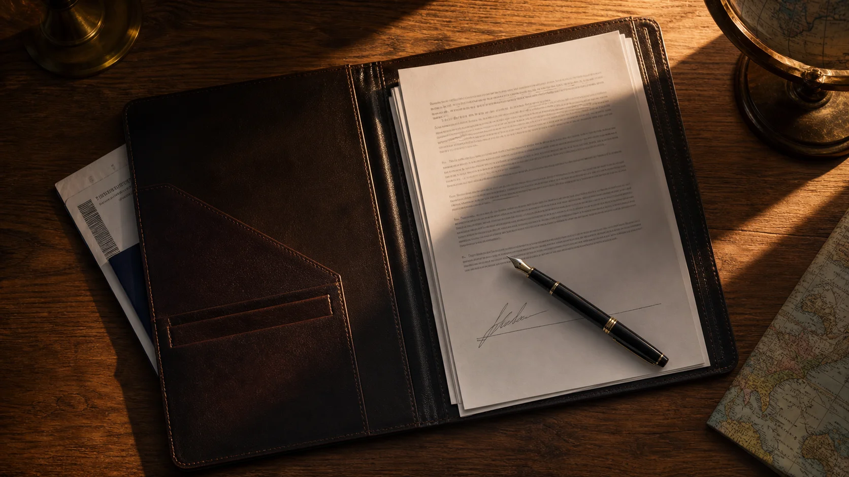 Overhead flat-lay of a leather document folder holding a signed international contract on a wooden desk at dusk, a fountain pen resting diagonally across the signature line, warm golden light and long shadows.
