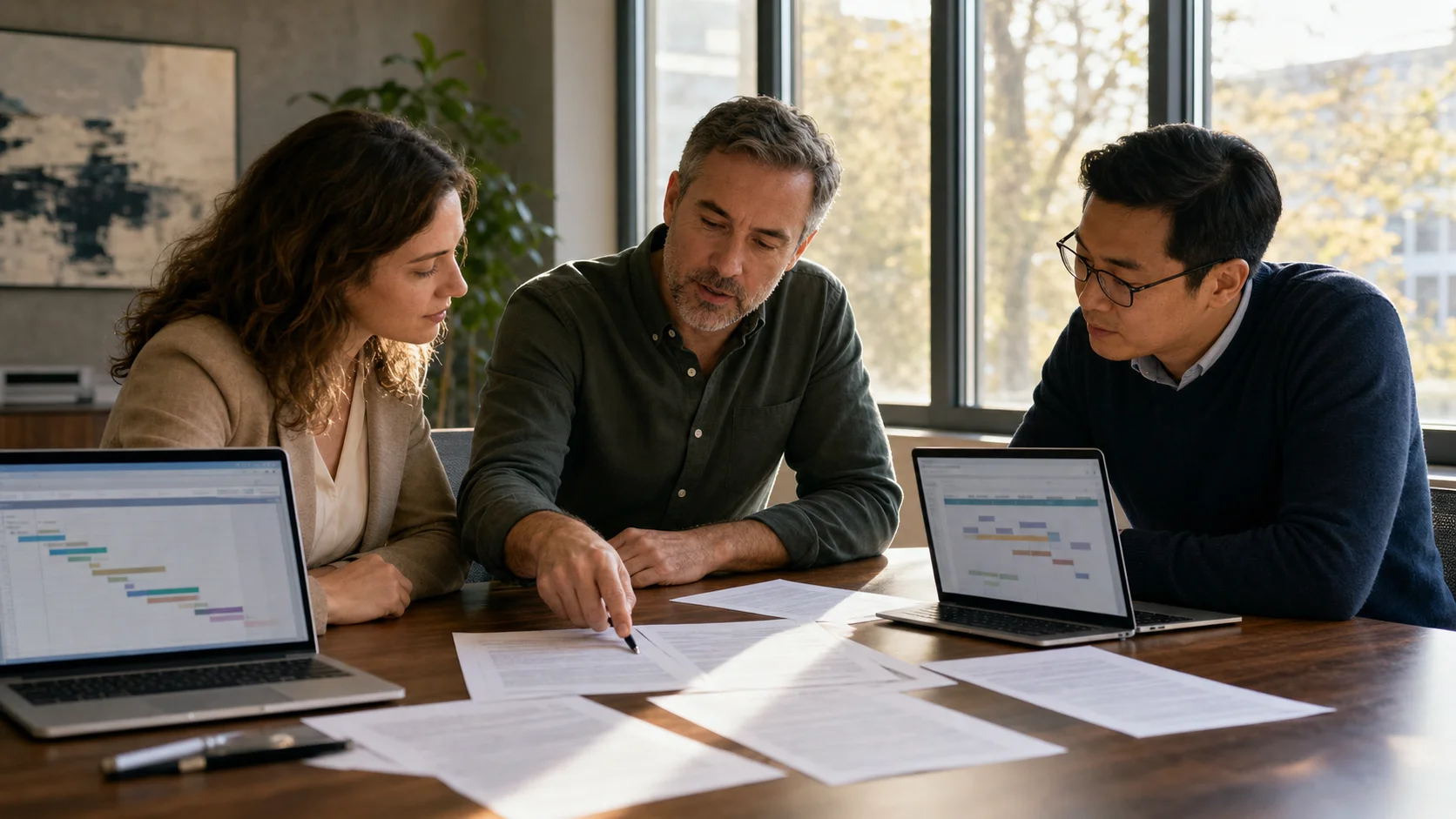 Team acquisti che collabora su documenti contrattuali da gara attorno a un tavolo condiviso, laptop e pagine contrattuali stampate sparse sulla superficie, luce naturale del pomeriggio