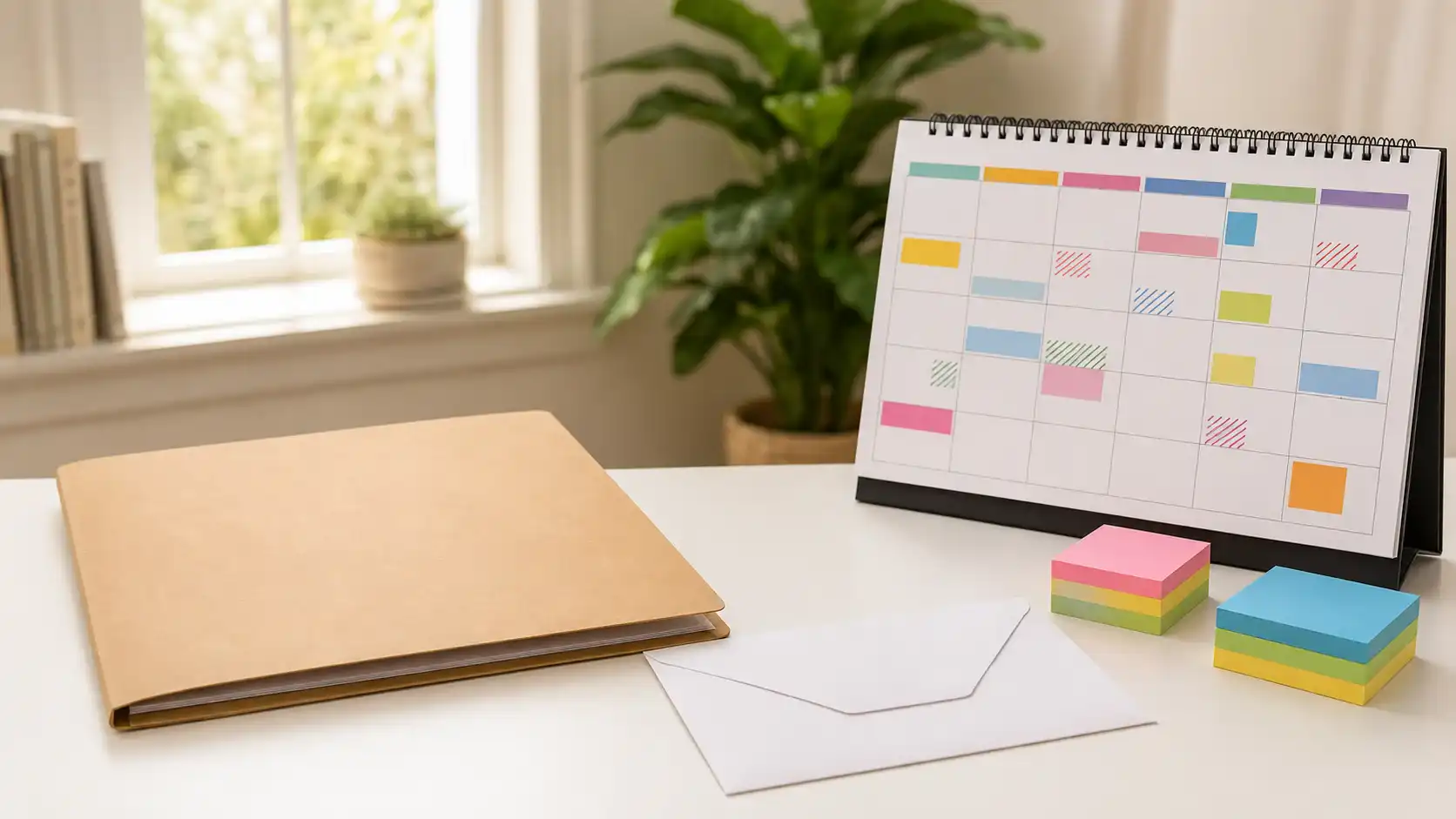 Gesloten map, blanco envelop en een gemarkeerde kalender op een zonnig thuiswerkbureau
