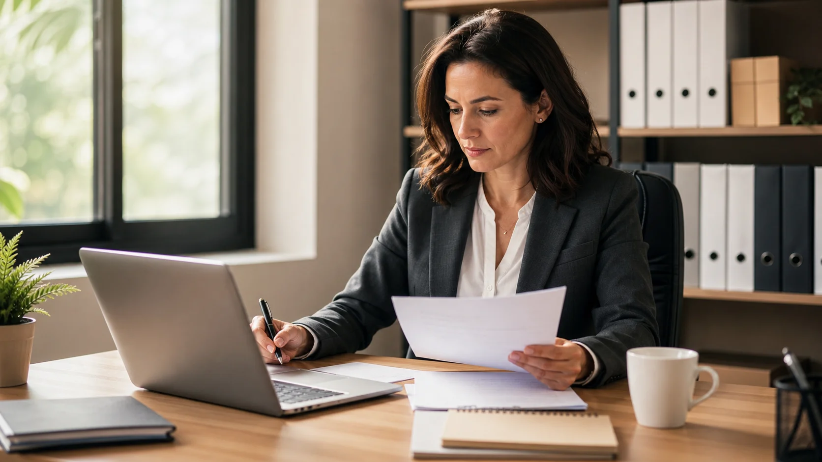 Accountant aan een opgeruimd bureau die gedrukte opdrachtdocumenten en aantekeningen op een laptop doorneemt in een warm verlicht kantoor