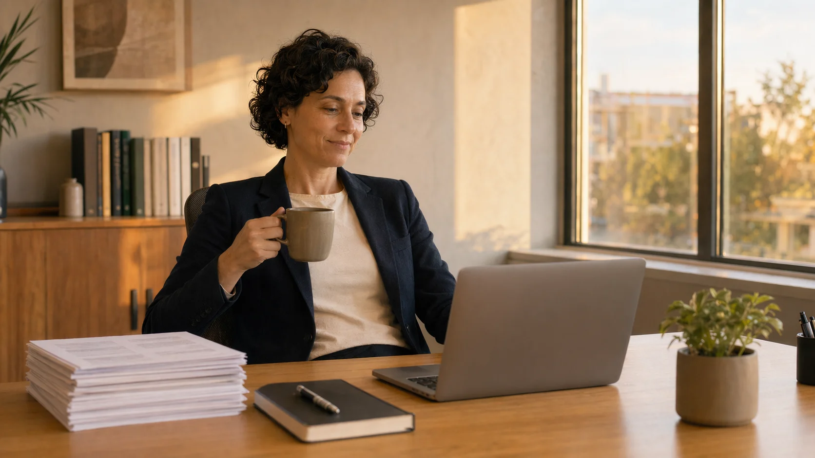 Professionista delle operazioni legali che esamina le prossime scadenze contrattuali su un laptop a fine giornata