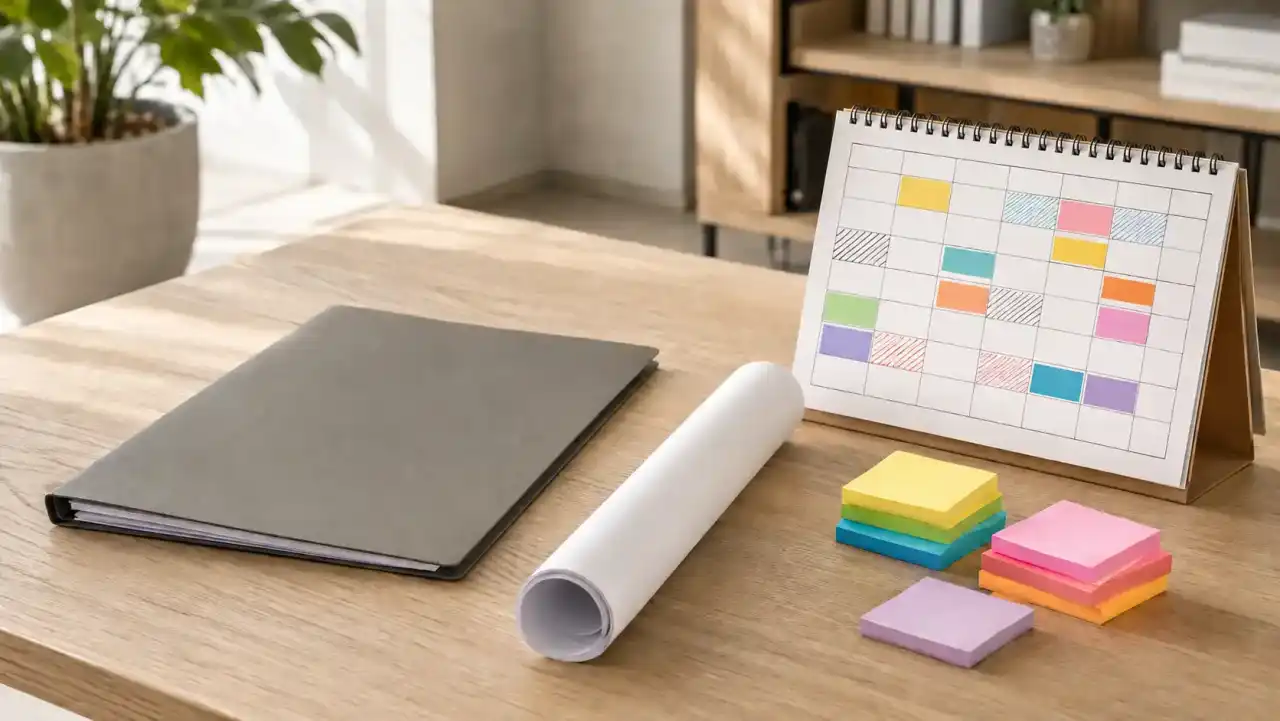 Gesloten map, opgerolde bouwtekeningen en een gemarkeerde kalender op een zonnige eikenhouten tafel
