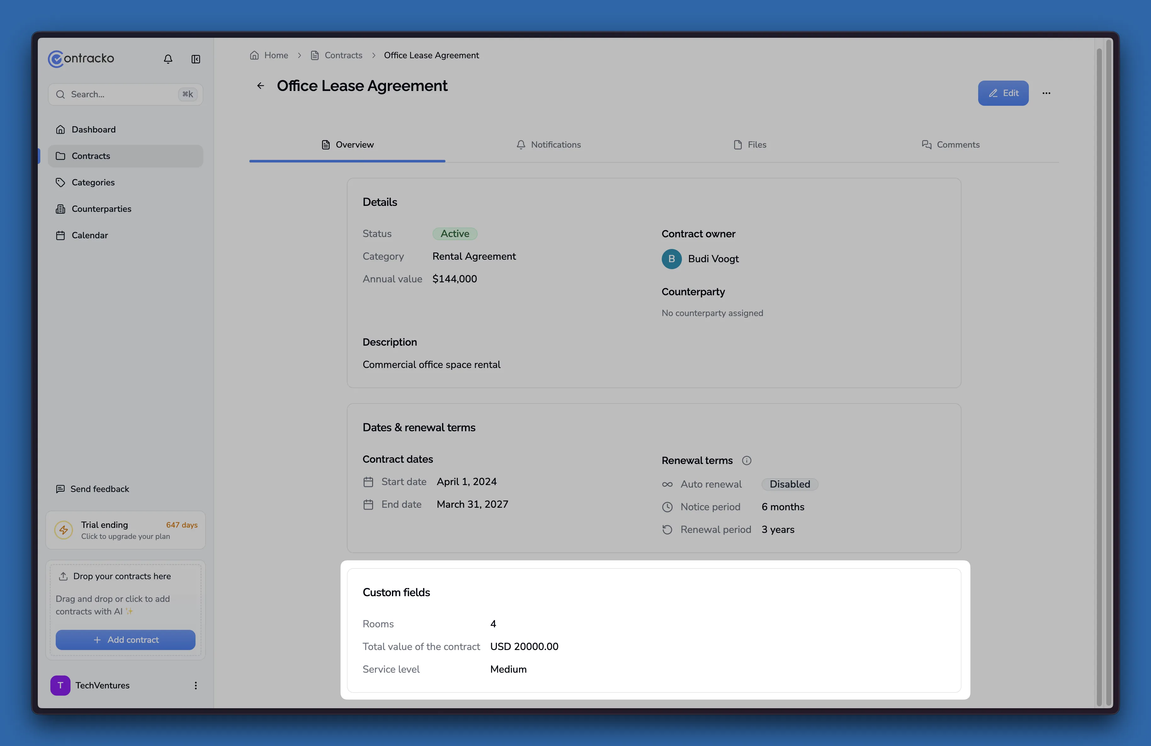 Contract viewer displaying custom field values