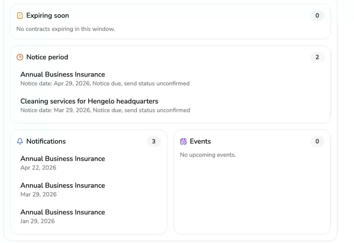 Briefing giornaliero di Clara AI che mostra contratti in scadenza a breve, periodo di preavviso, notifiche ed eventi