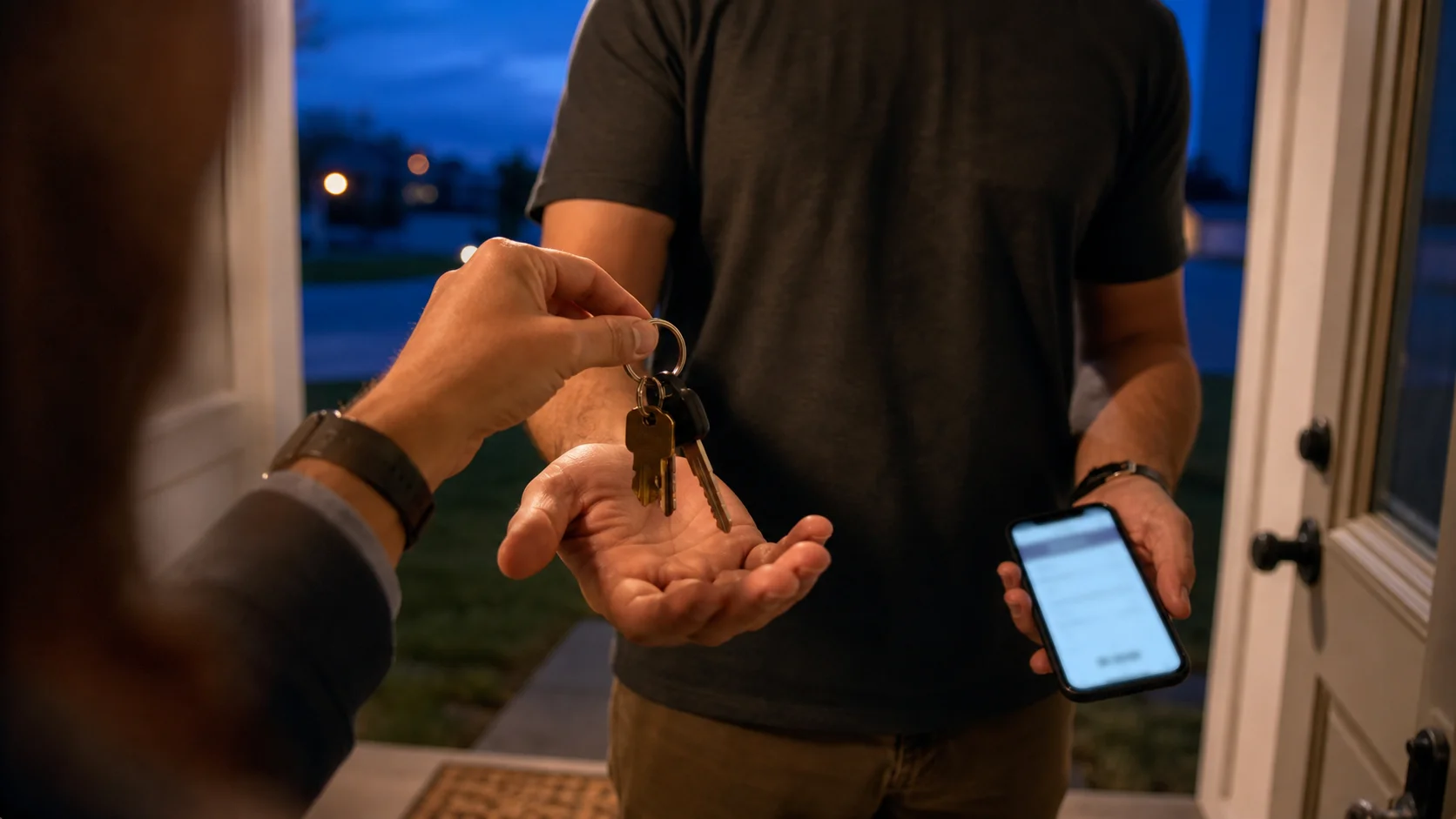 A real estate agent hands over house keys to a new homeowner at the front door at dusk, the homeowner holding a phone showing a signed document confirmation.