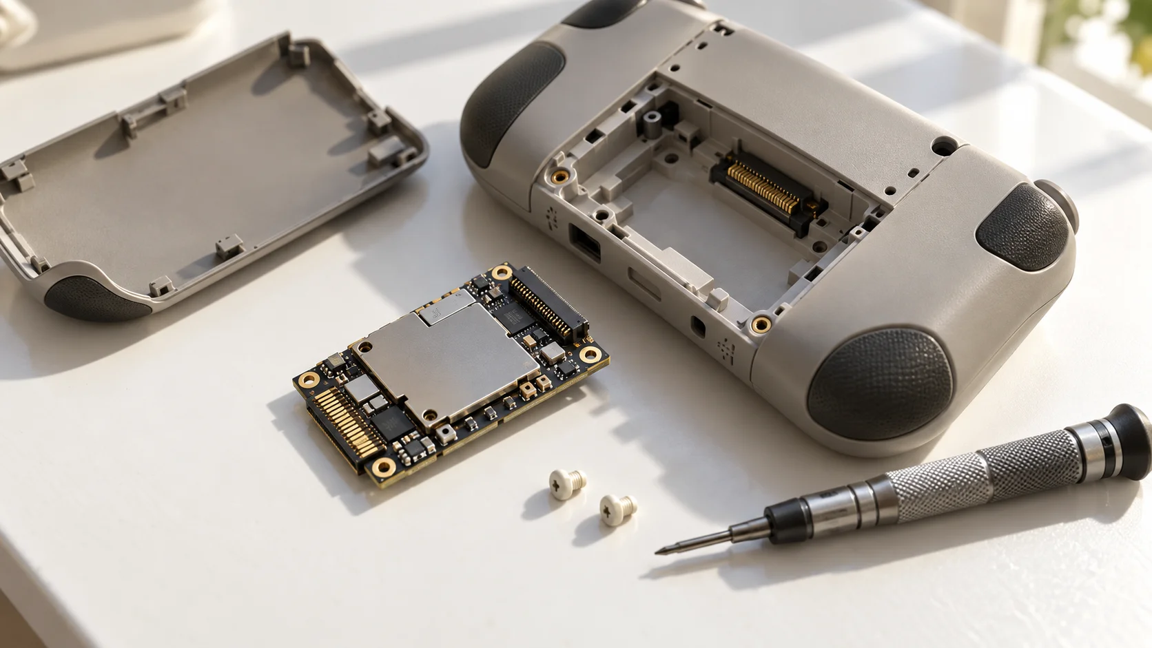 Close overhead of an unlabeled circuit module beside an open handheld device on a white studio bench in bright daylight.