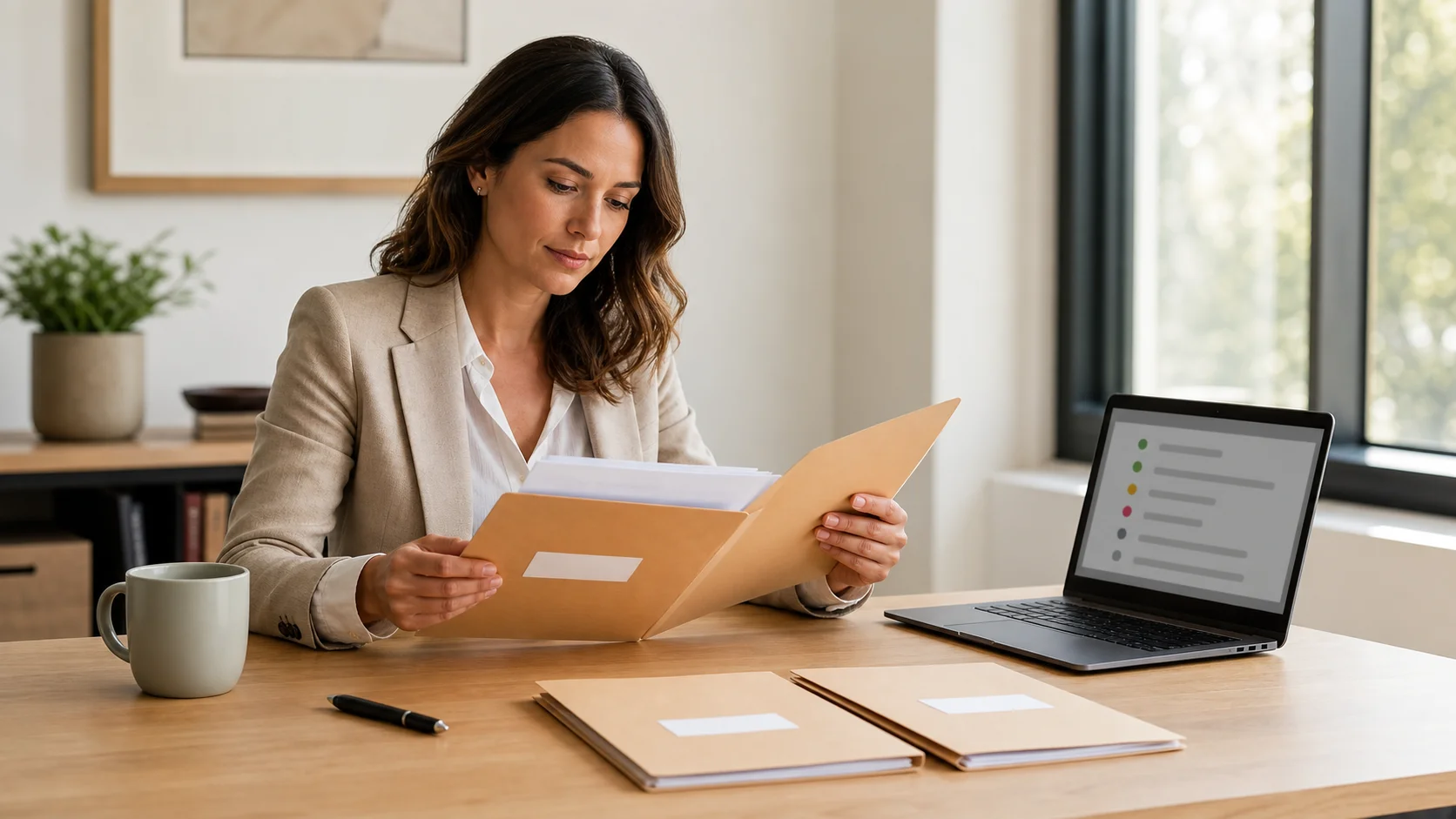 A small business team reviewing archived contract documents together at a bright conference table, representing the organized contract lifecycle management process