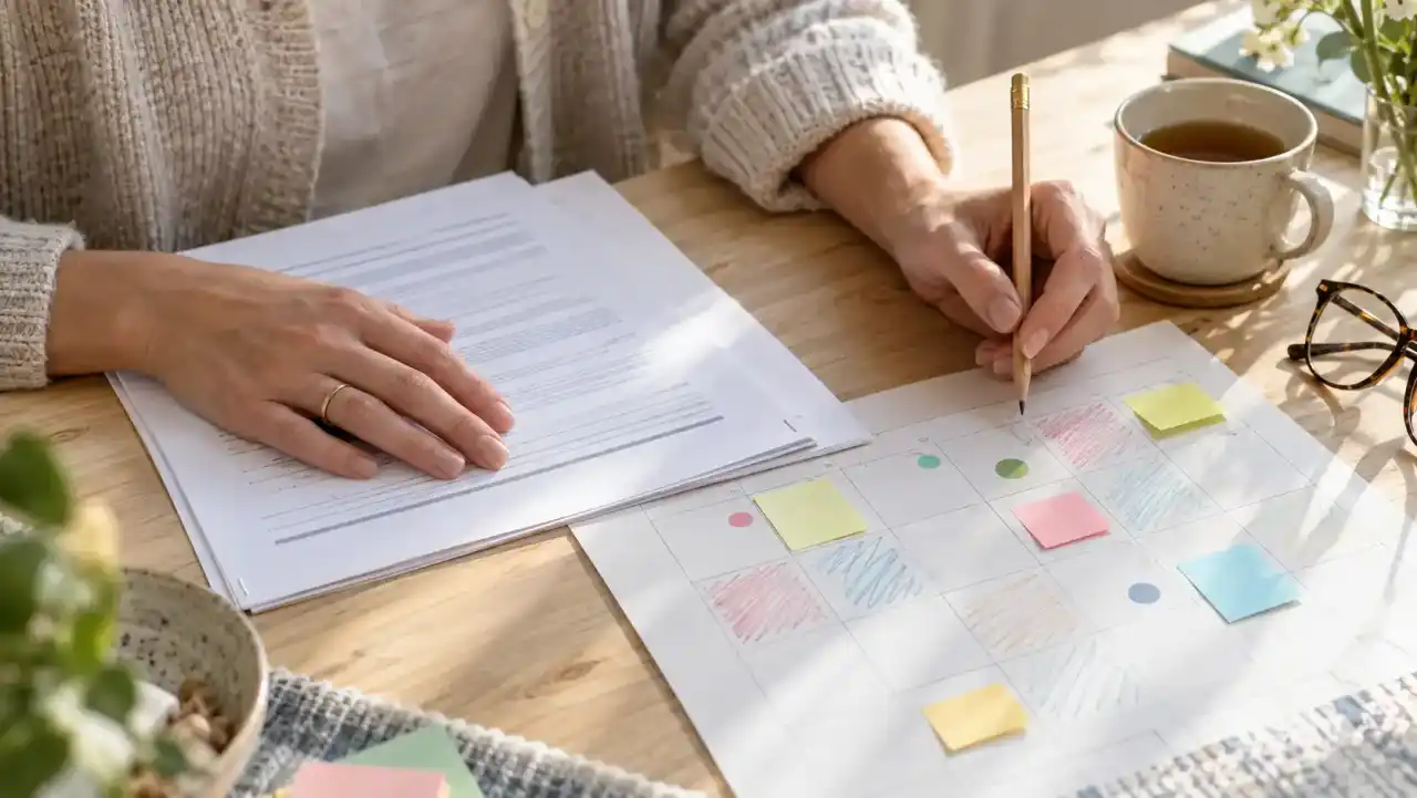 De handen van een vrouw op een geprint contract, met een potlood boven een papieren kalender in helder daglicht