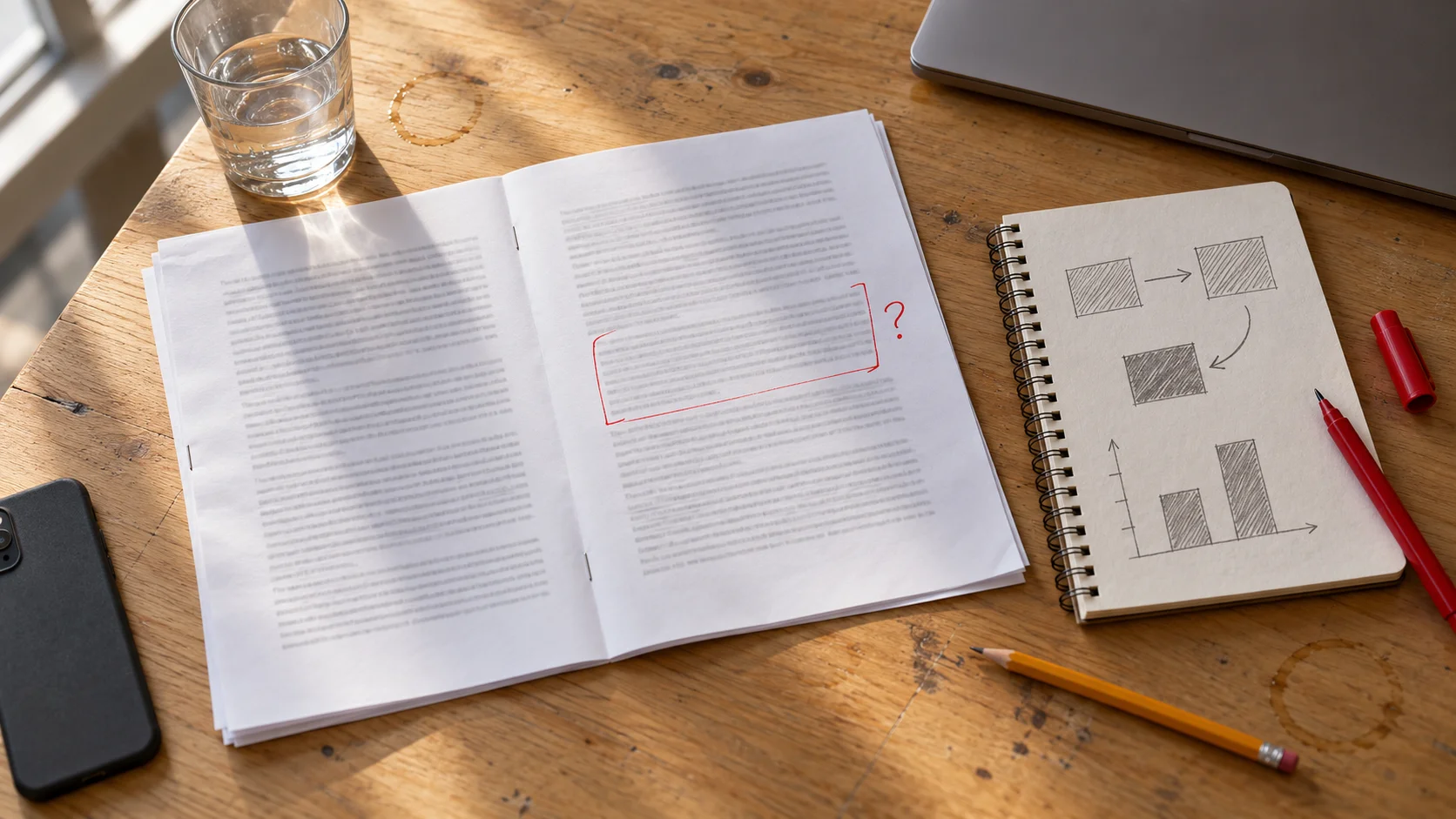 Gemarkeerde term sheet naast een notitieblok met een schets die twee uitbetalingen vergelijkt, op een gedeelde tafel van een start-up
