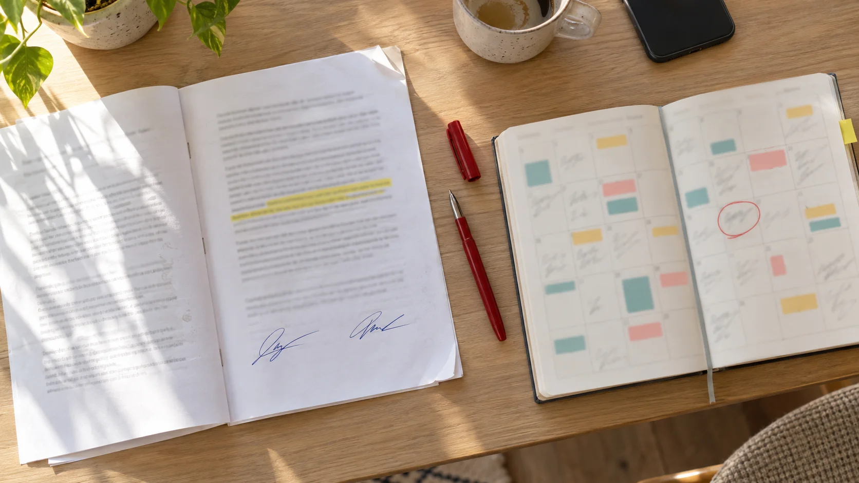 Bovenaanzicht van een ondertekend memorandum of understanding van twee pagina's naast een papieren planner met ingekleurde vakken en één omcirkelde datum.