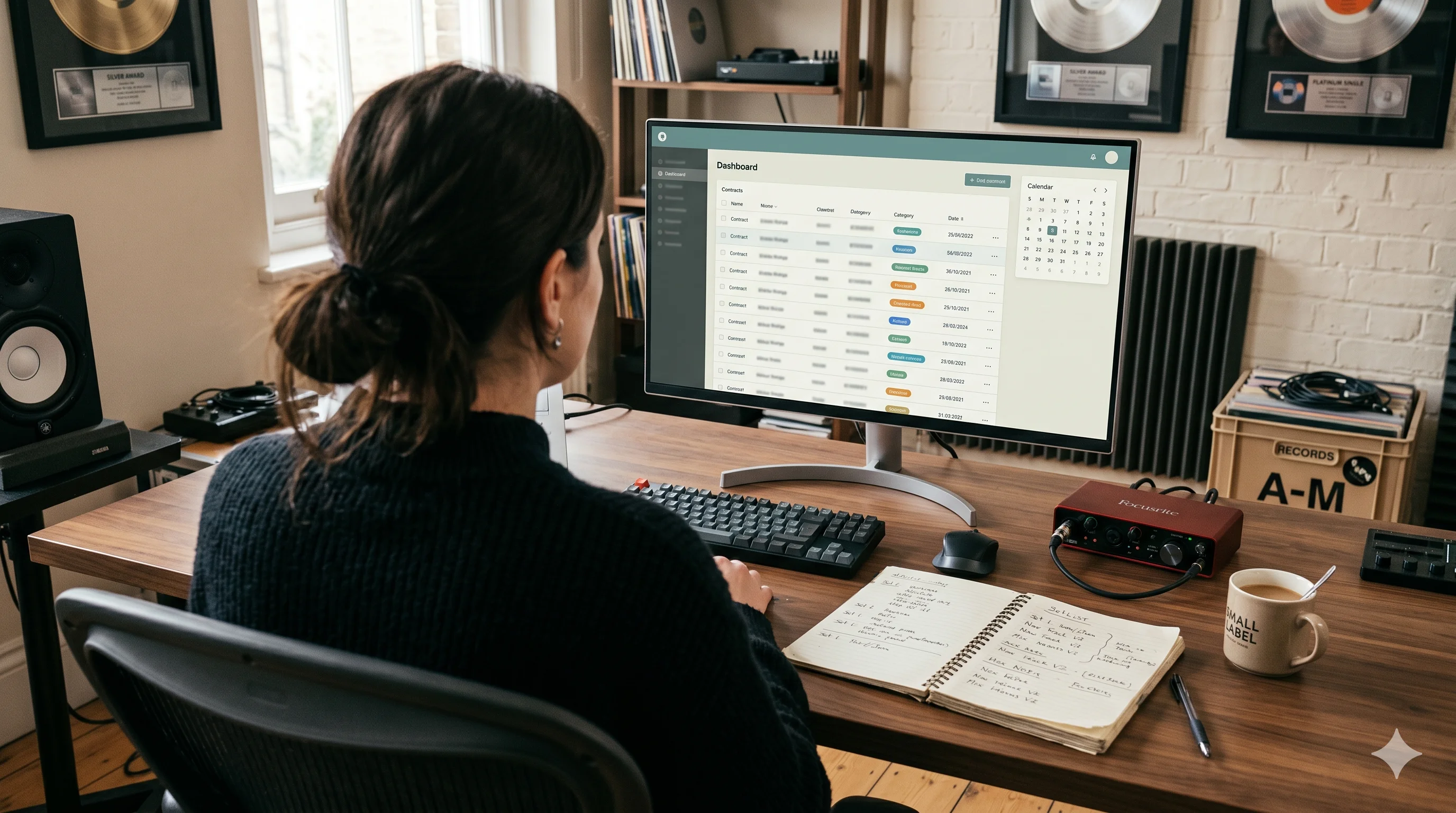 Dashboard contratti dell'etichetta discografica filtrato per tipo -- Registrazione, Licenza, Distribuzione, Iscrizione PRO, Freelance