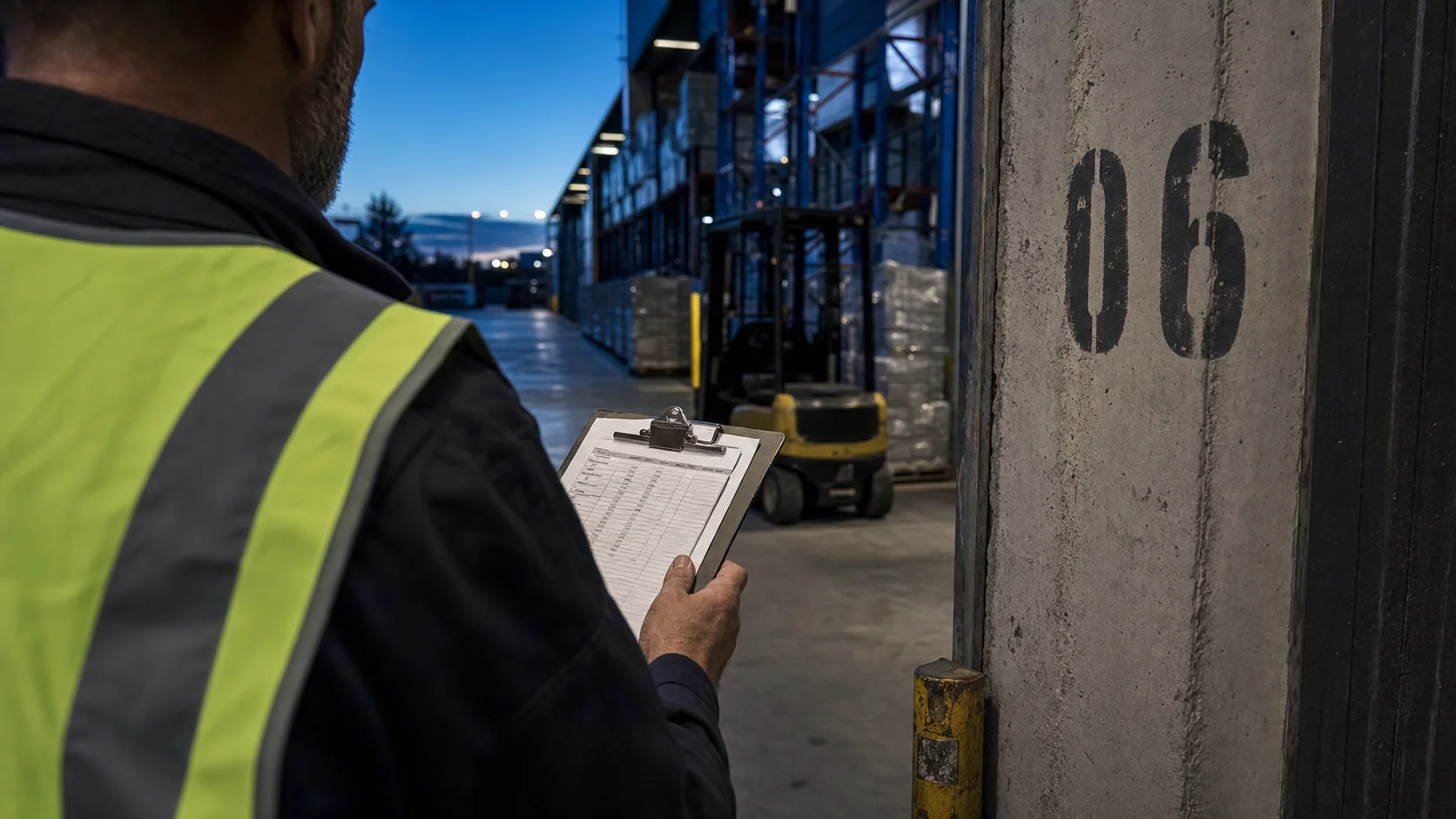 A warehouse ops manager walks the floor at dusk past tall pallet racking, checking a clipboard against dock door numbers, forklift parked in the aisle behind them.