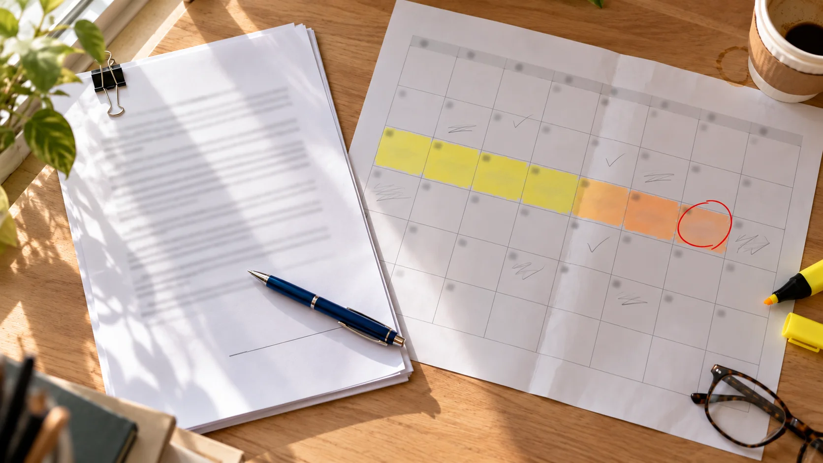 Bovenaanzicht van een vaststellingsovereenkomst, opengeslagen op de handtekeningpagina, naast een bureauplanner met een gemarkeerde bedenkperiode, een kortere herroepingsperiode en één datum rood omcirkeld