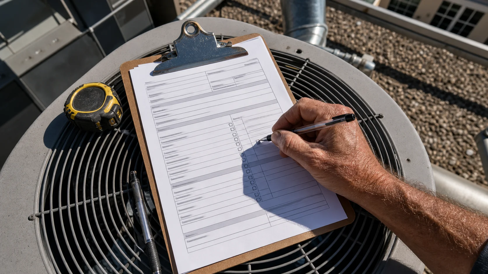 Widok z góry: dłoń odhacza pozycje na formularzu serwisowym dostawcy przypiętym do klipboardu na dachowej jednostce HVAC