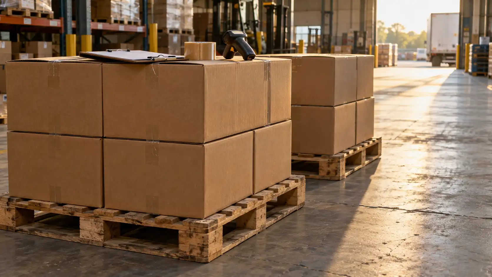 Two wooden pallets of unmarked cartons on a sunlit warehouse floor with a face-down clipboard and a scanner.
