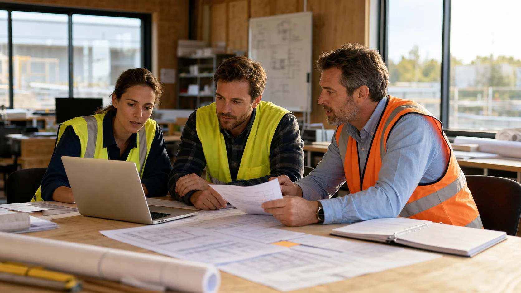 A construction project manager and site supervisor review subcontract documents together at a site office table, blueprints spread out nearby, natural afternoon light through windows, warm tones.