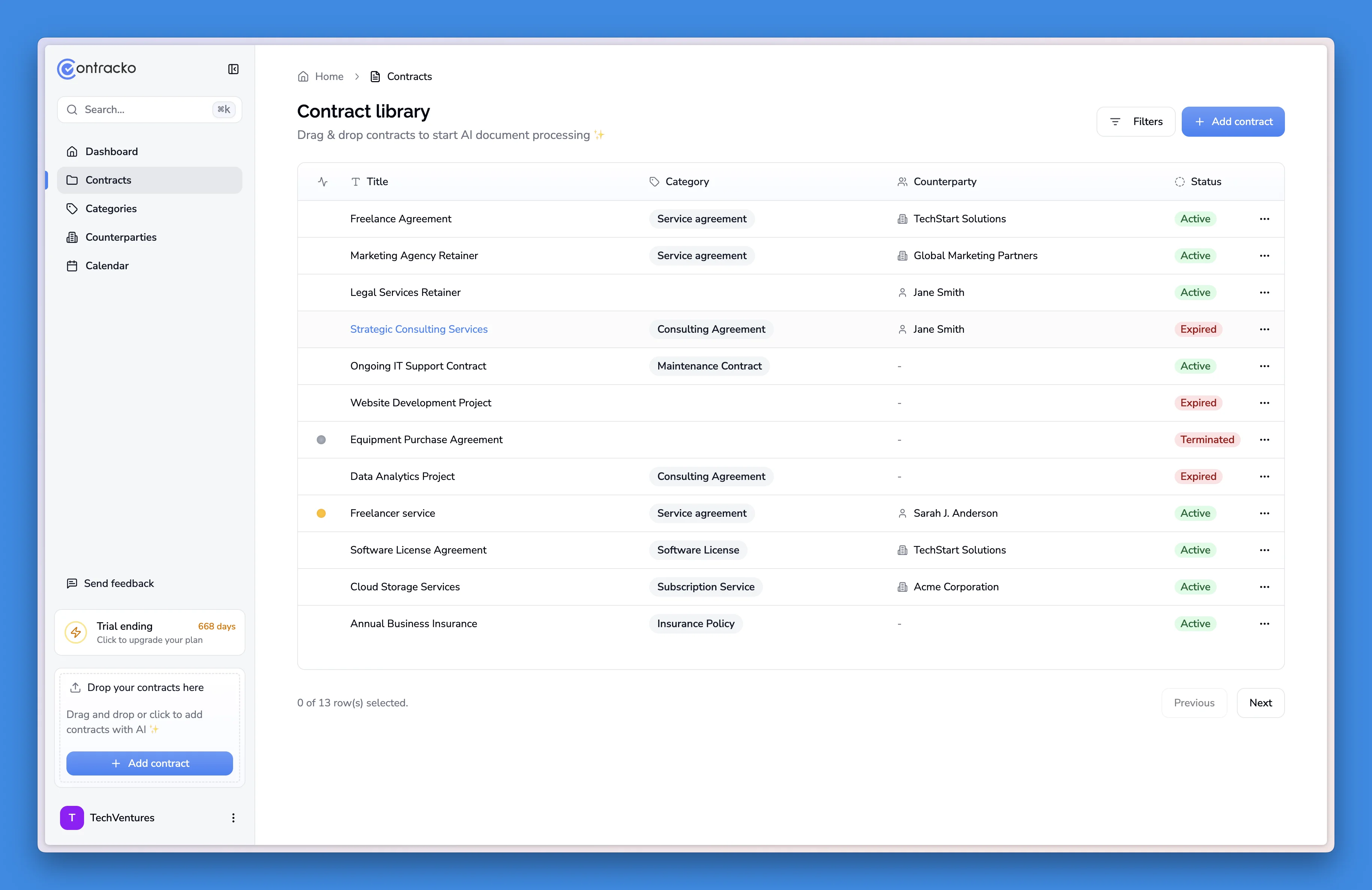 Contracko contract management dashboard showing organized list of contracts with key metadata, expiration dates, and status at a glance