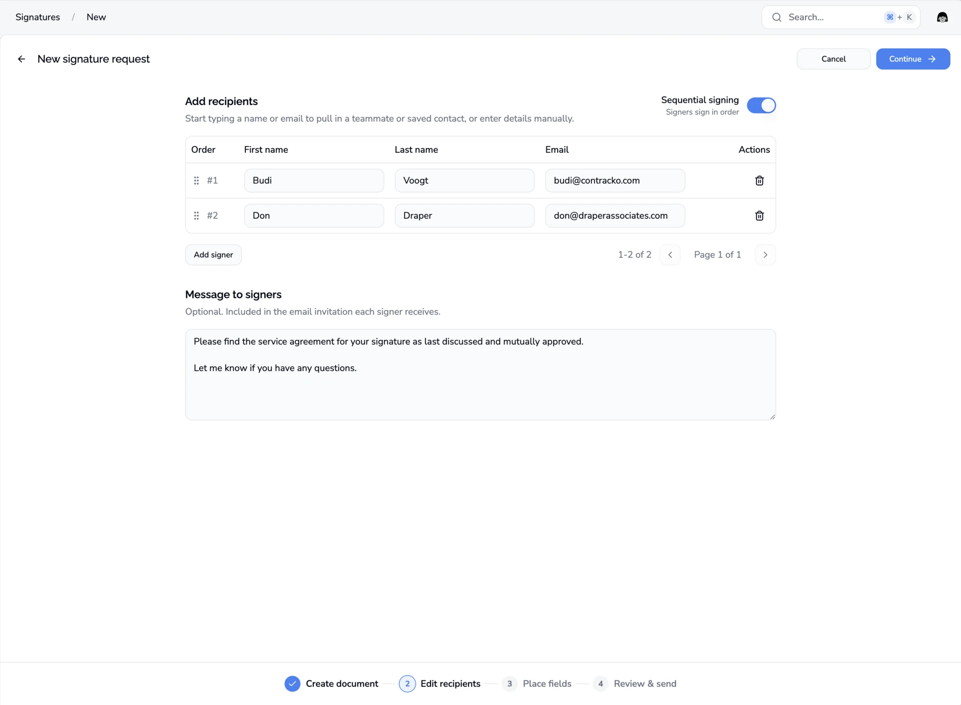 Passaggio di modifica dei destinatari con due firmatari, la firma sequenziale attivata e un messaggio ai firmatari