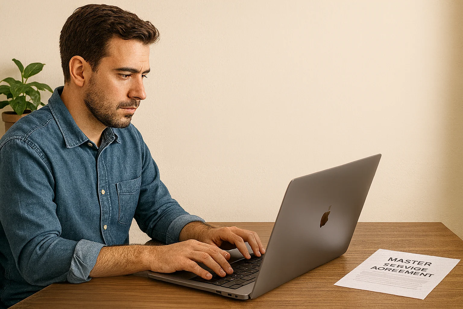 Eigenaar van een klein bedrijf gebruikt laptop voor contractbeheer met automatische tracking van vervaldatums en verlengingsherinneringen op het dashboard