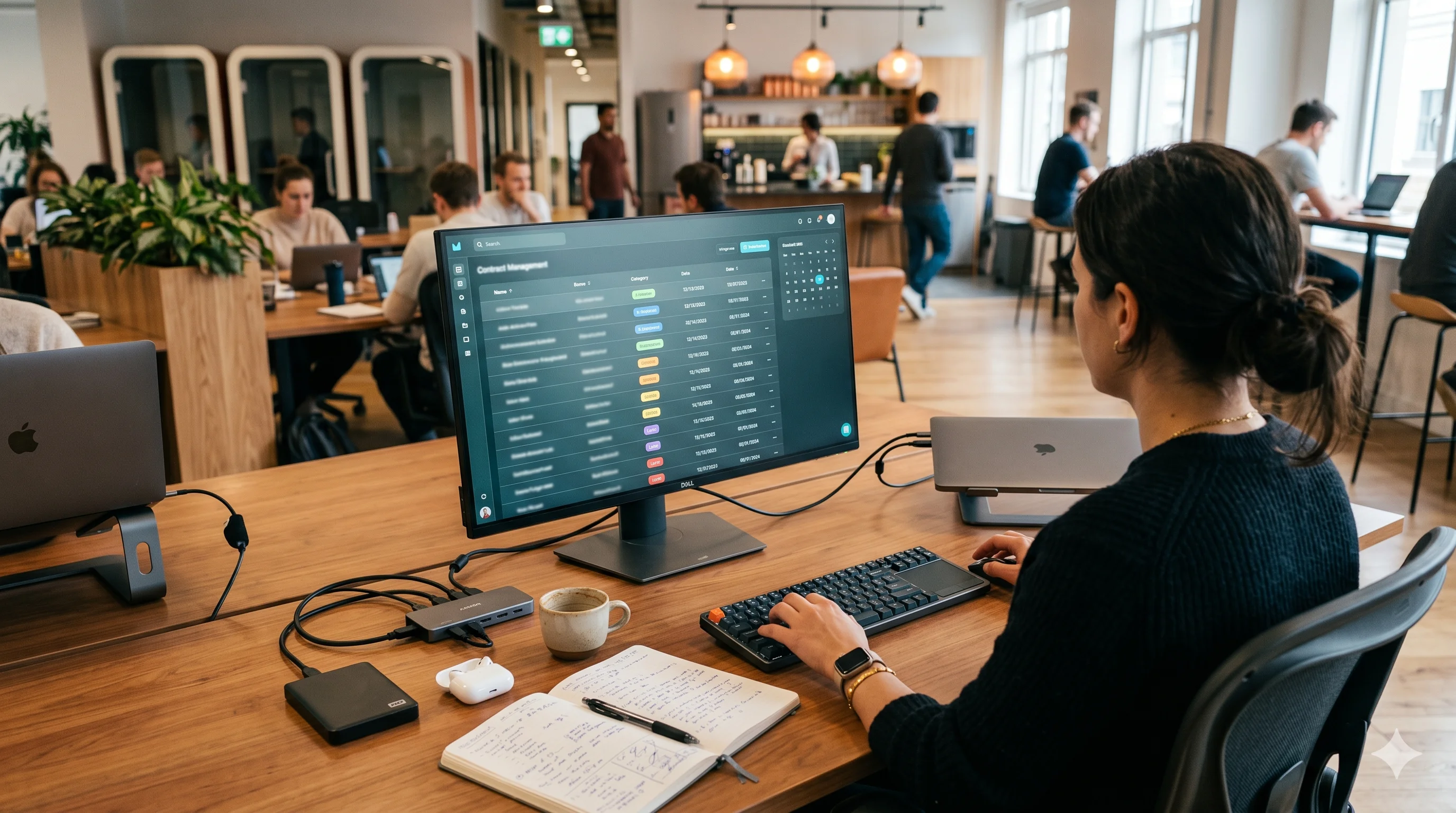 Operatore di startup alla scrivania di un coworking che esamina una dashboard contratti su un monitor