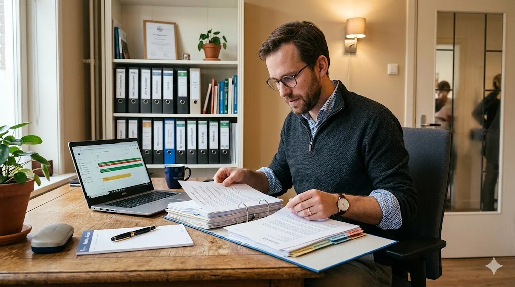Medico di base in uno studio olandese che consulta diversi contratti e un raccoglitore con schede di categoria sulla scrivania