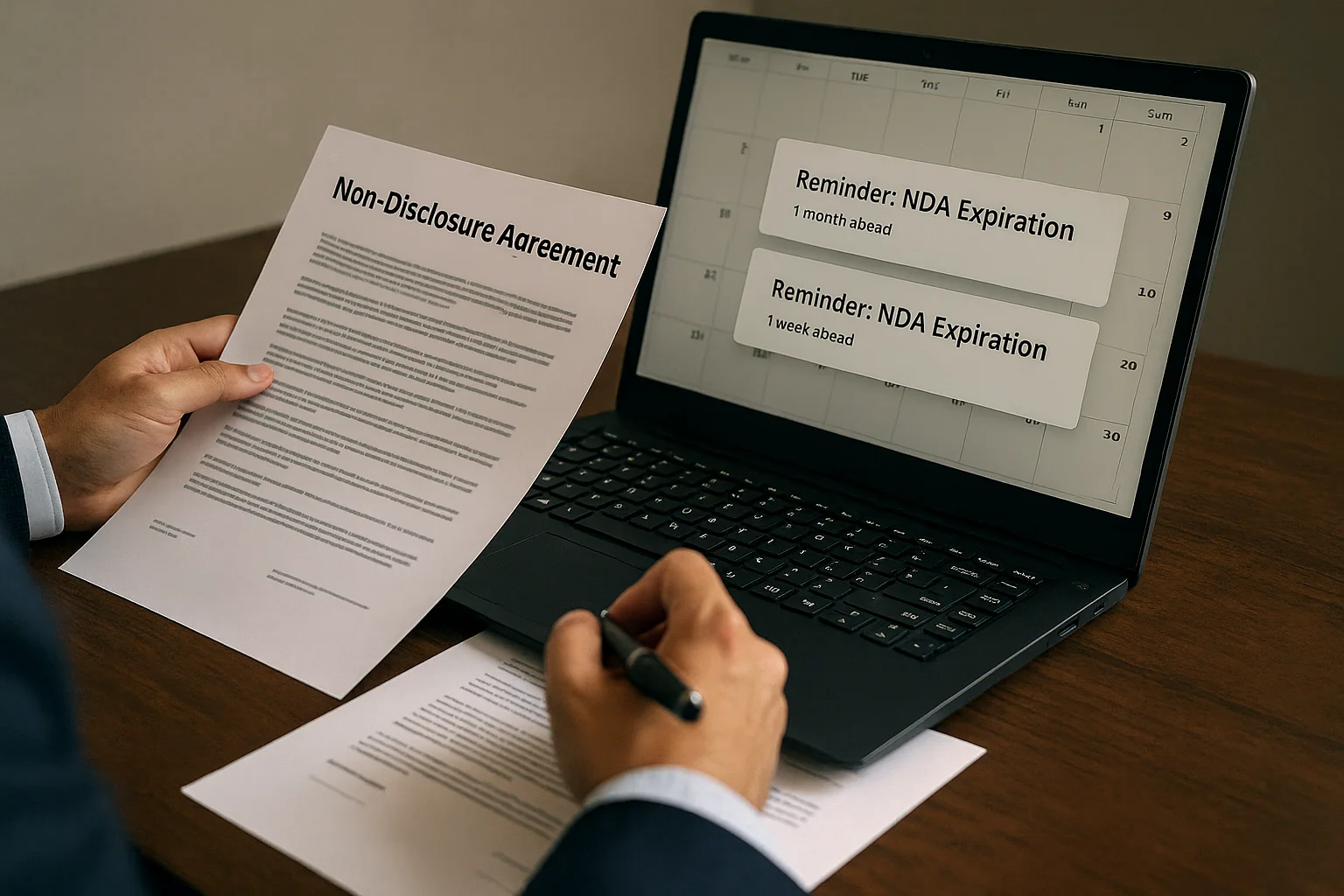 Contractdocument met kalender met vervaldata en geautomatiseerde herinneringsmeldingen voor het bijhouden van verlengingsdeadlines