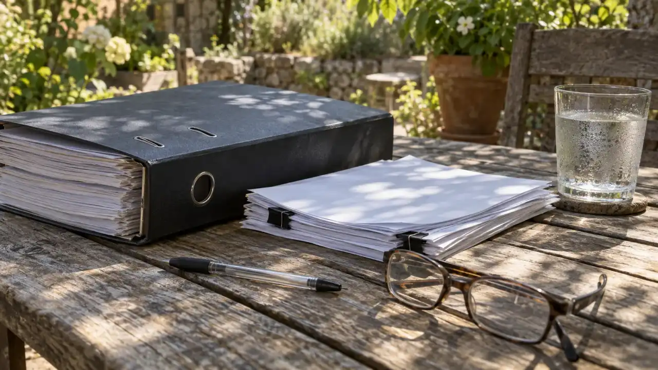 A thick unmarked binder and clipped papers on a wooden outdoor table in dappled midday shade.