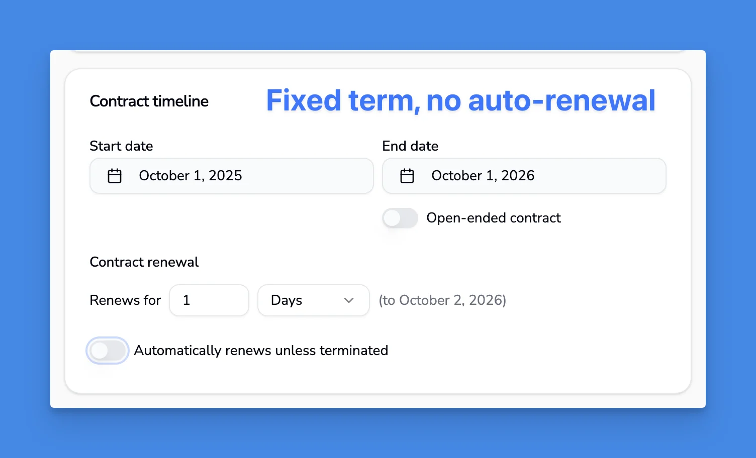 Editor del contratto con interruttore di rinnovo automatico e data di fine