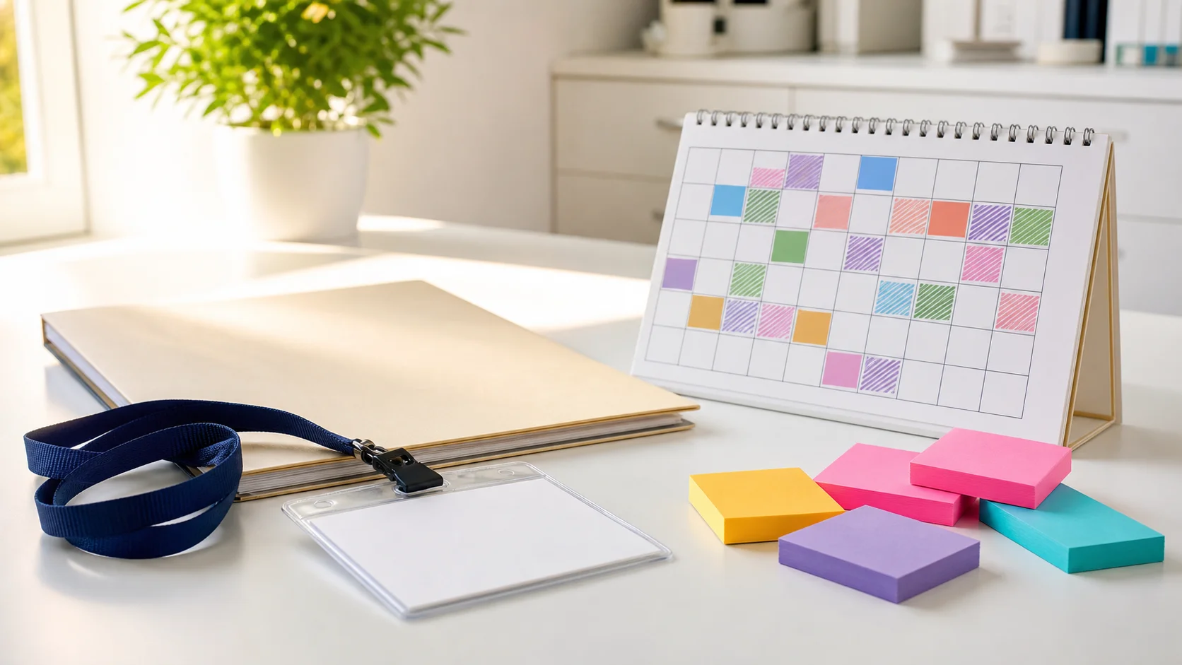 Blank badge lanyard, closed folder, and a color-marked calendar on a sunlit clinic desk