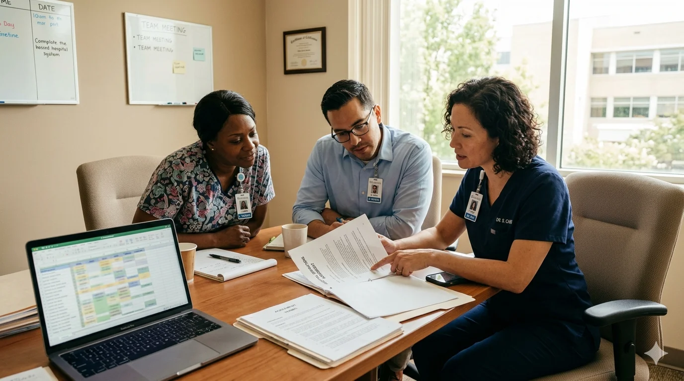 Healthcare team reviewing payer and vendor contracts together in a meeting room
