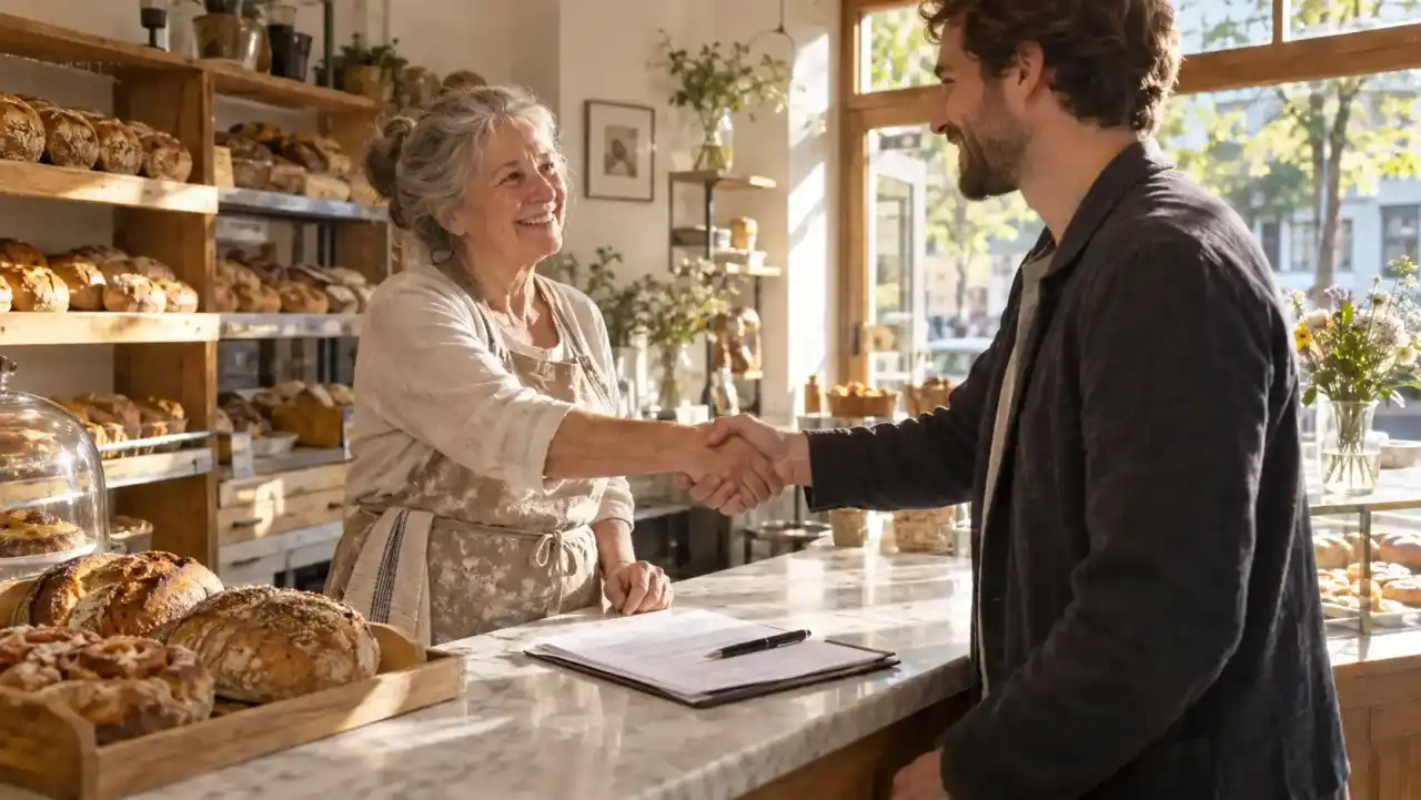 Een ondernemer en de koper van haar bakkerij geven elkaar een hand boven een getekende koopovereenkomst in de zonnige winkel.
