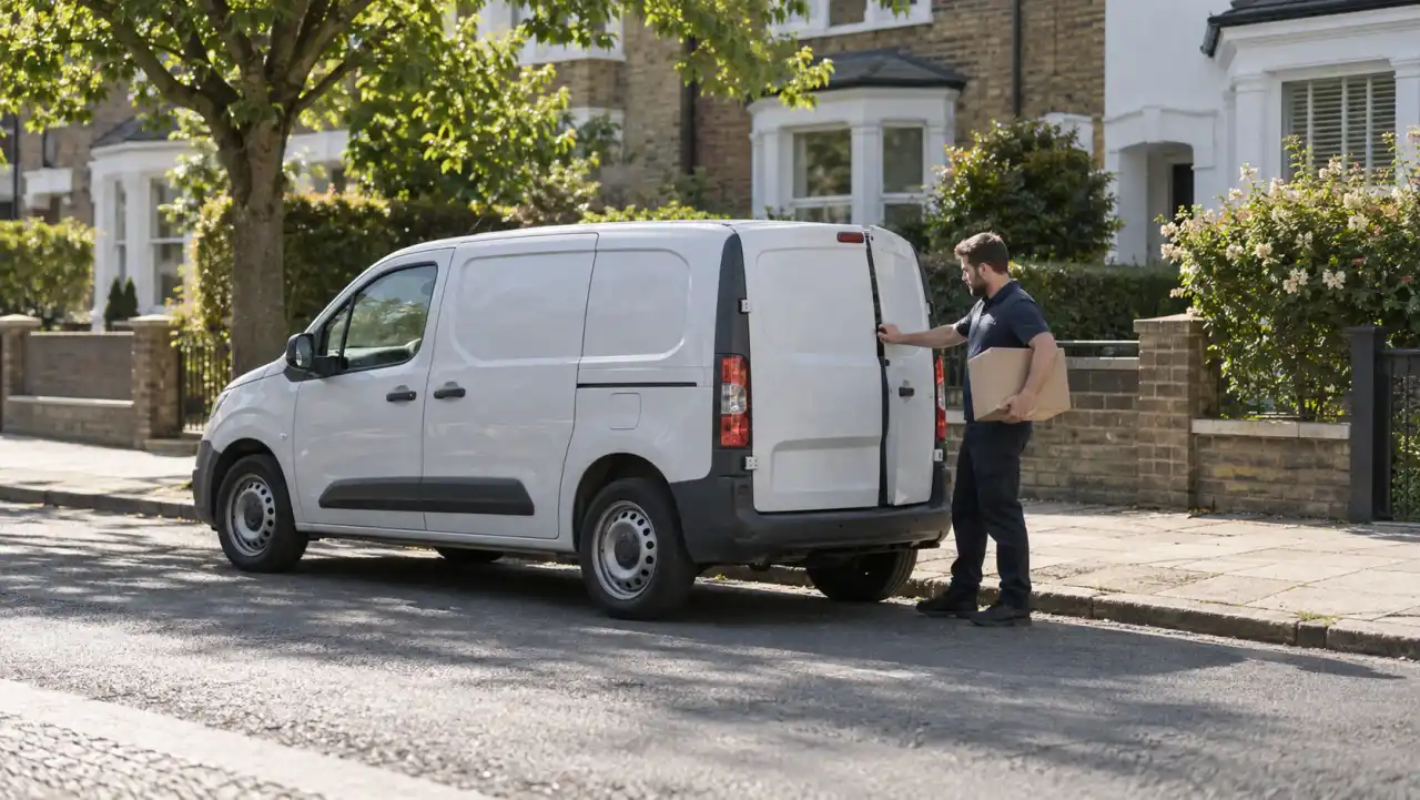 A delivery driver closing the rear doors of a small van on a sunny residential street with a carton in one hand.