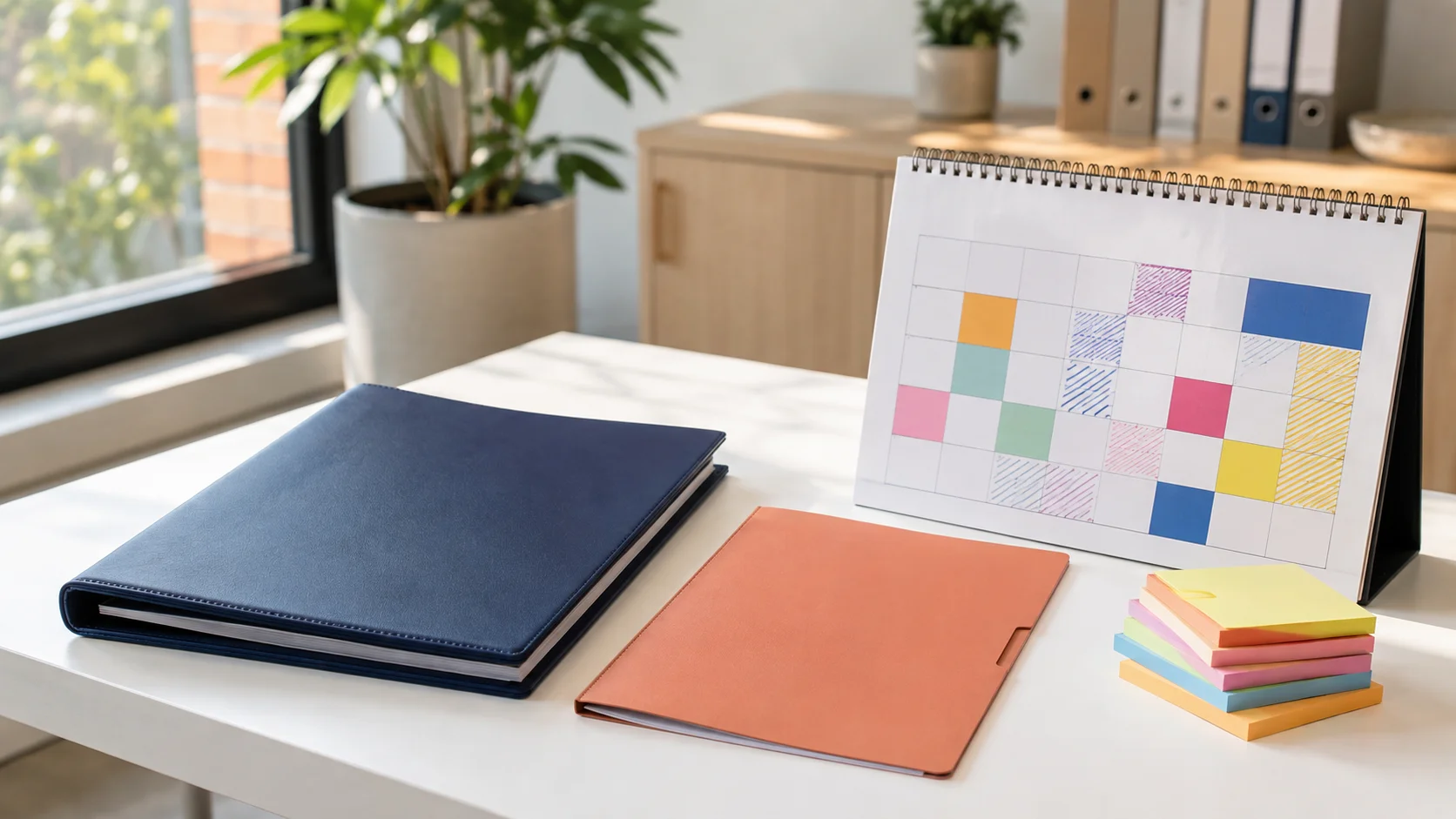 Dichte map, dunnere map en een met kleur gemarkeerde kalender op een zonnig bureau